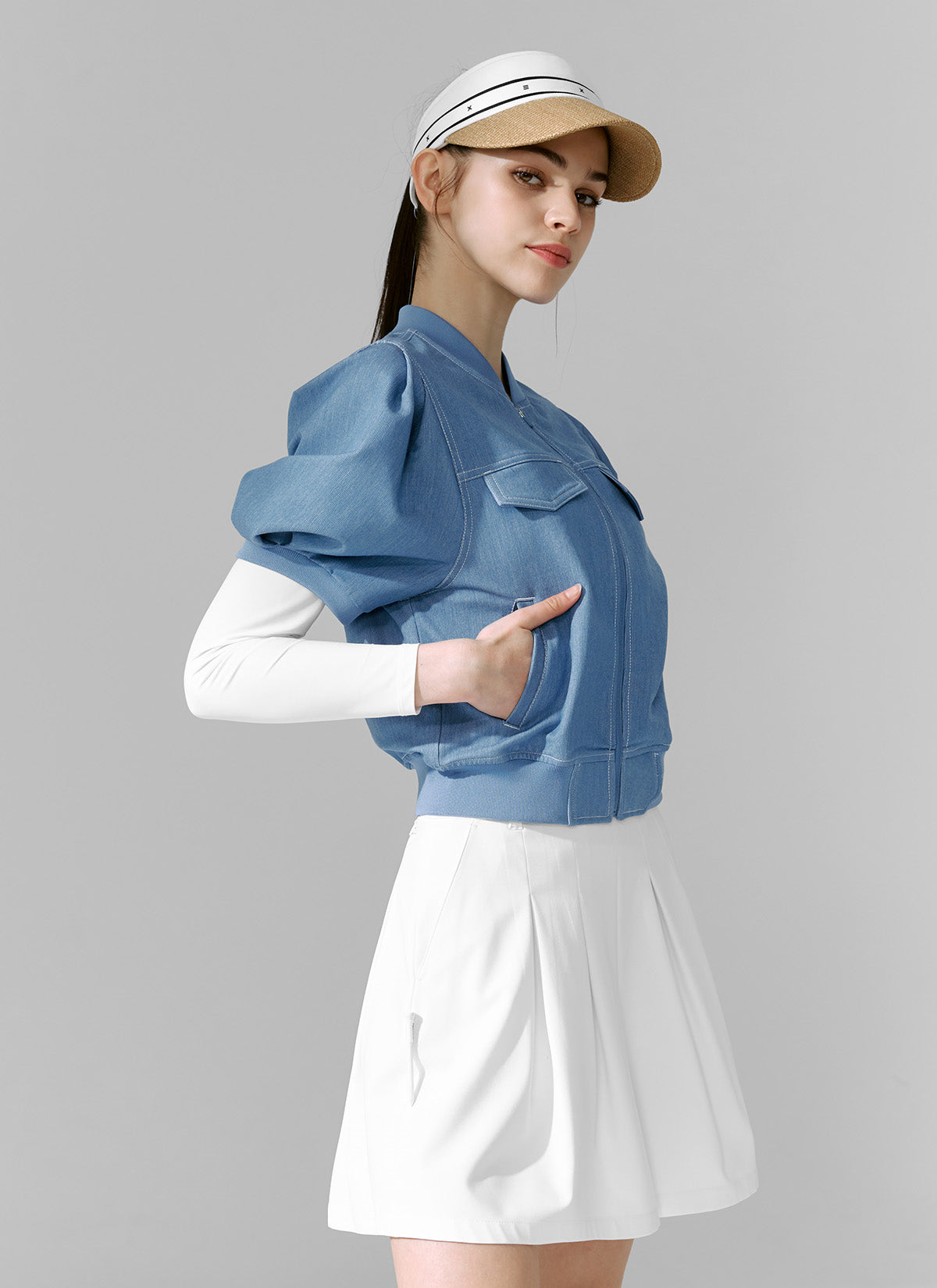 Stylish Denim-Look Puff Sleeve Short Sleeve Jumper - Casual Summer Outfit for Women | Perfect for Beach, Brunch & Date Nights