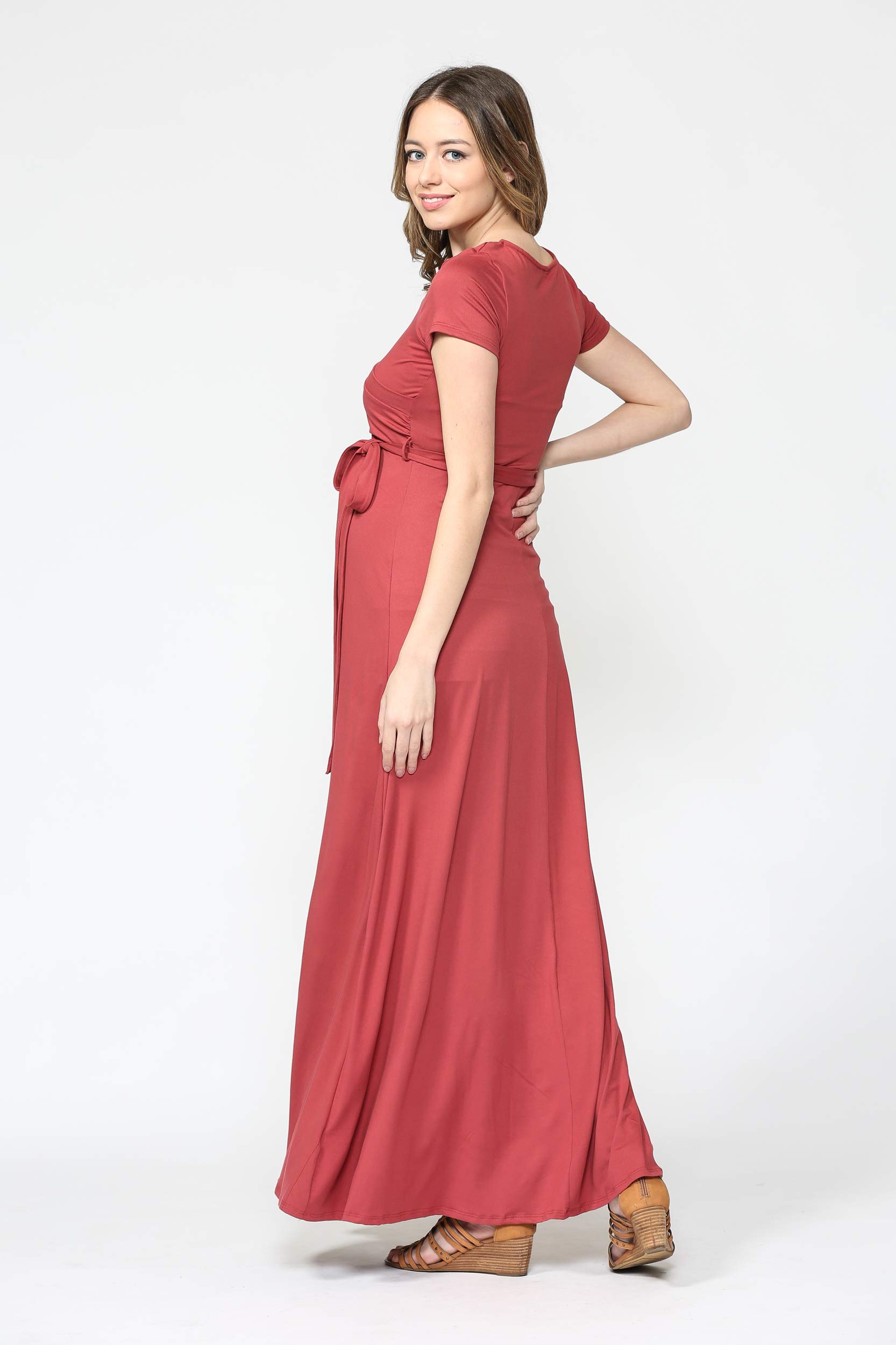LaClef Women's Faux Wrap Maternity Maxi Dress with Adjustable Belt - Comfortable Pregnancy Dress for Baby Shower, Maternity Photos & Everyday Wear