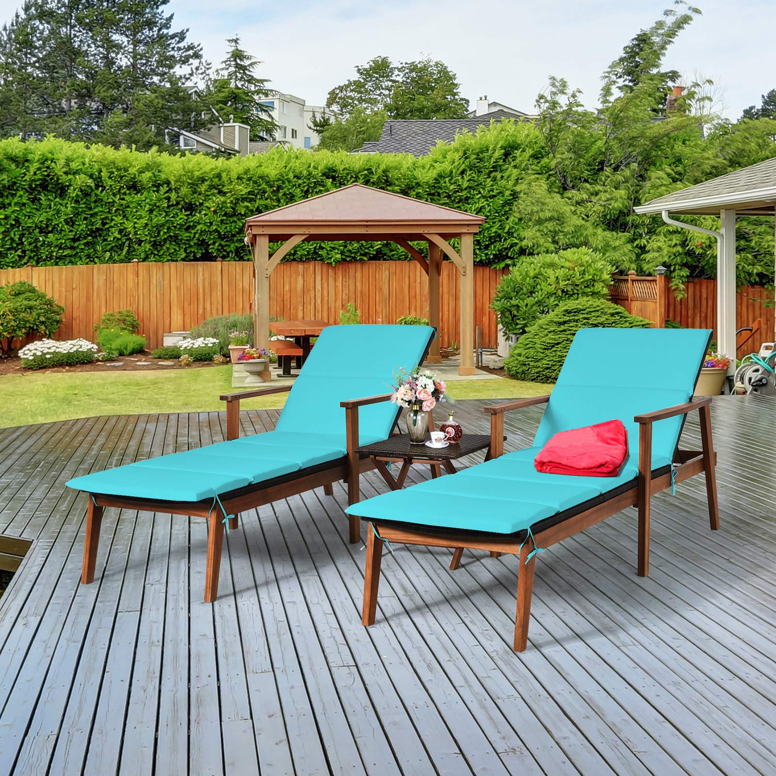 Tangkula 3-Piece Patio Chaise Lounge Set - Acacia Wood Outdoor Reclining Chairs with Adjustable Back (4 Positions), Folding Side Table & Cushions - Rattan Furniture for Poolside, Backyard, Garden, or Beach (Turquoise)