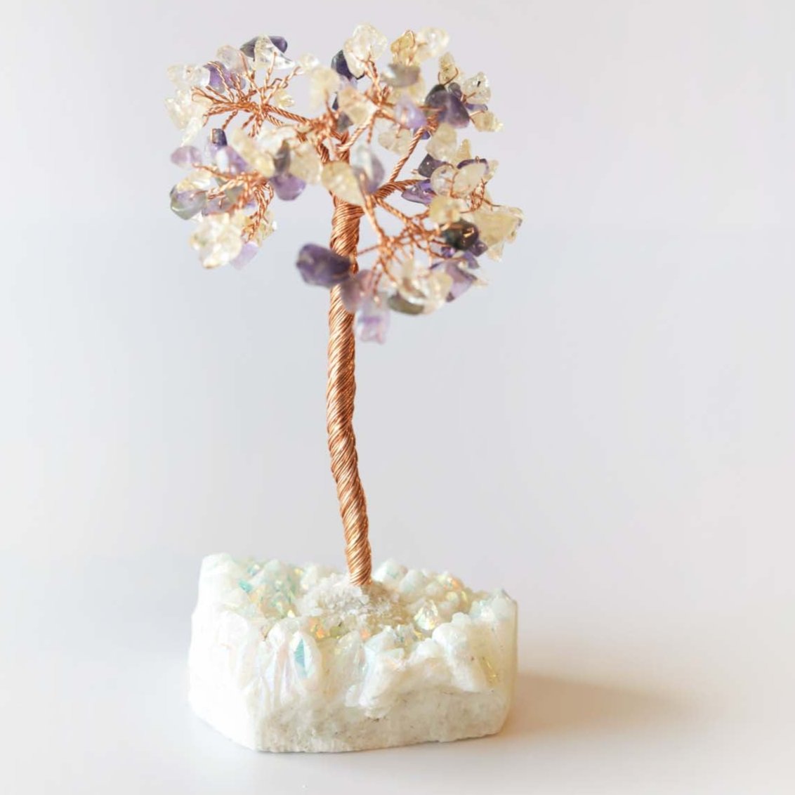Natural Citrine and Amethyst Crystal Tree on Angel Aura Quartz Base - Healing Crystal Decor for Home, Office & Meditation Space