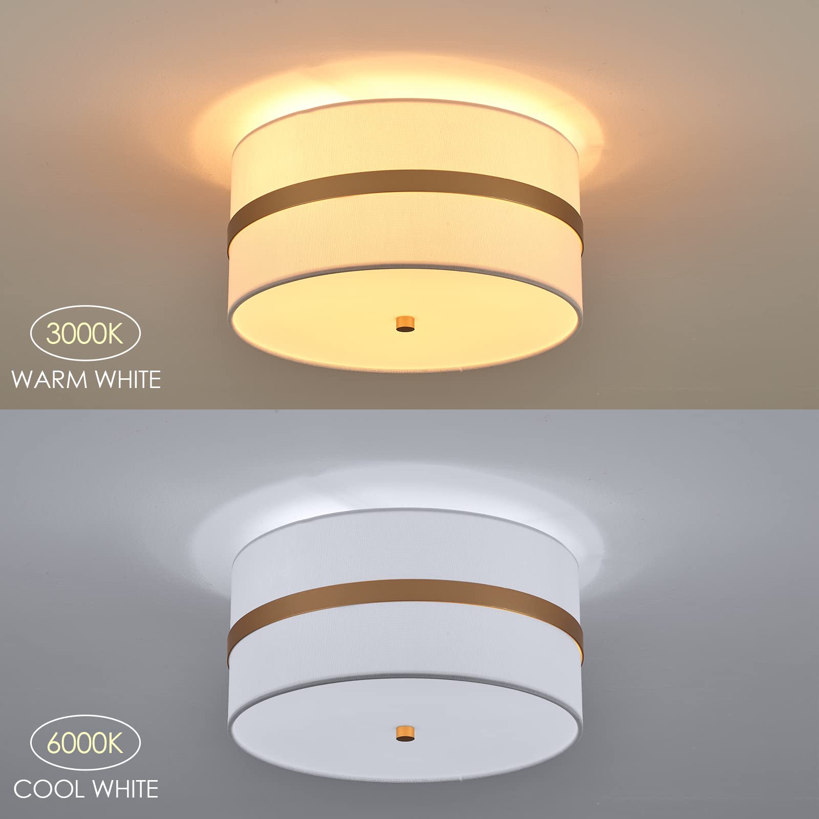 Modern Semi Flush Mount Ceiling Light Fixture - 3-Light Thin Pale Gold Brushed Finish with Cream White Fabric Drum Shade | Perfect for Nursery, Kids Room, Bedroom, Kitchen, Hallway & Entryway Lighting