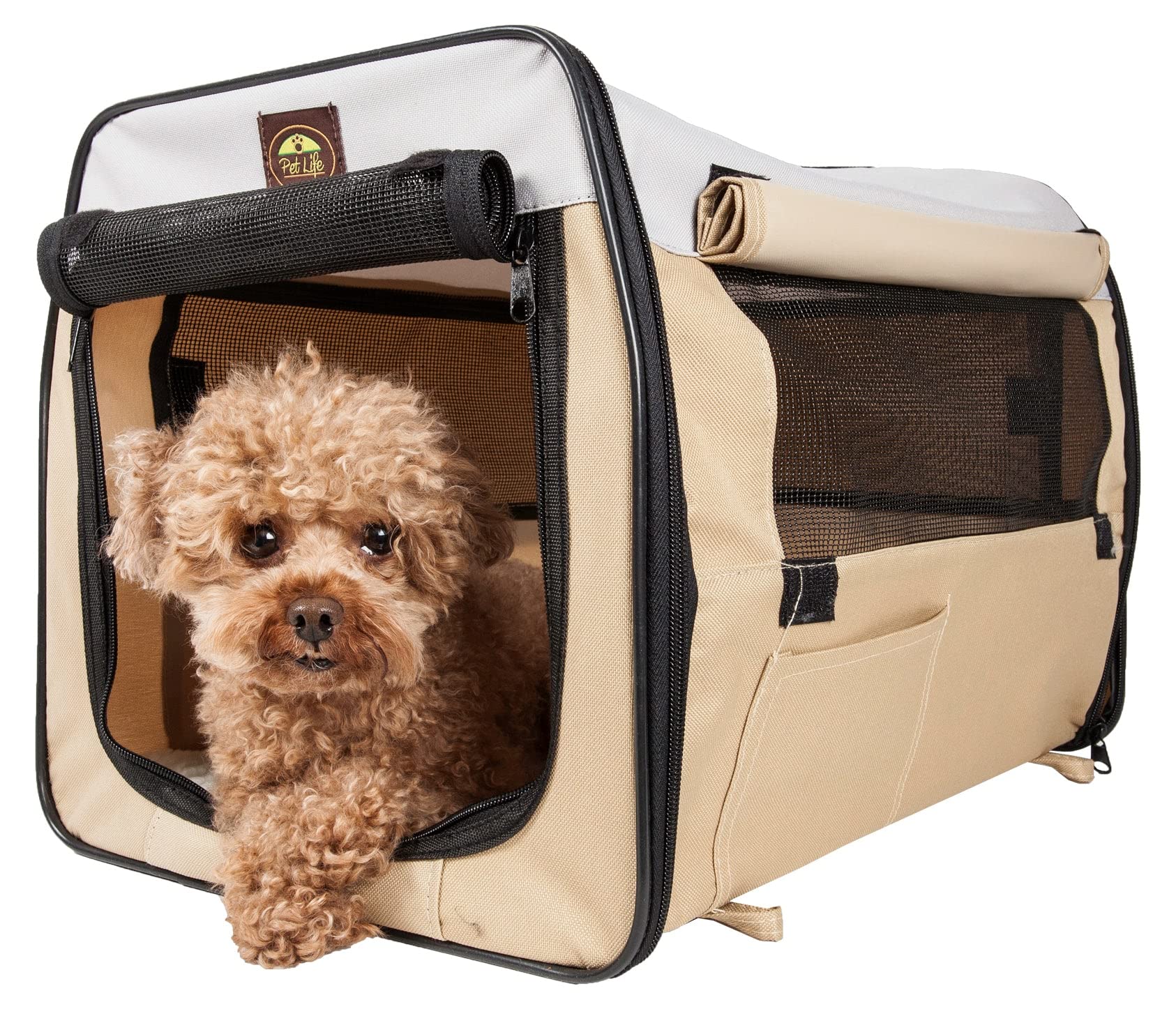 PET LIFE Easy Folding Zippered Collapsible Wire Dog Crate Carrier - Lightweight Travel Pet Carrier for Small Dogs, Khaki | Perfect for Air Travel, Car Rides & Vet Visits