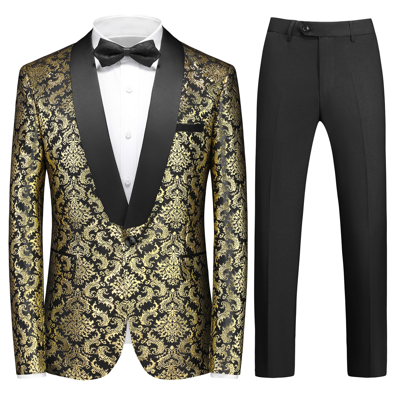 Rogers & Morris Men's Floral Tuxedo Suit Set - 2 Piece Formal Suit with Jacket & Black Pants for Weddings, Prom, Gala & Special Occasions