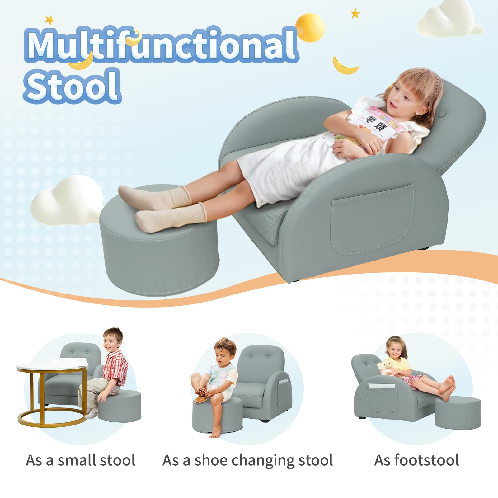 MOOITZ Adjustable Kids Recliner Chair with Ottoman - 5-Position Leatherette Toddler Recliner, Waterproof & Stain-Resistant, Gray - Perfect for Nursery, Playroom or Kids Bedroom Relaxation