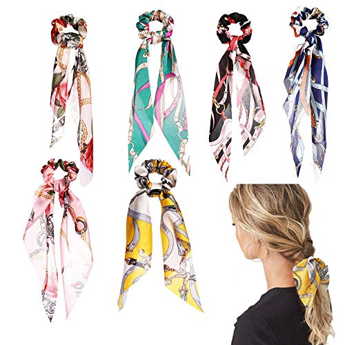 6PCS Satin Hair Scrunchies with Floral Print - Soft Elastic Hair Ties for Women & Girls - Ponytail Holders & Hair Accessories (Perfect for Workouts, Office, and Everyday Styling)