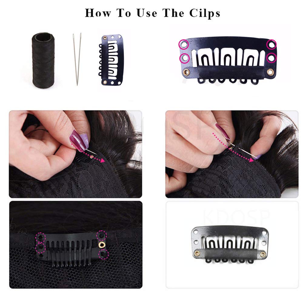 50Pcs 32mm Snap Wig Clips for Hair Extensions - I Shape 6 Teeth Black Hair Extension Clips with 30 Assorted Sewing Needles & 2 Rolls Thread (Black) - Perfect for DIY Hair Styling, Cosplay & Salon Use