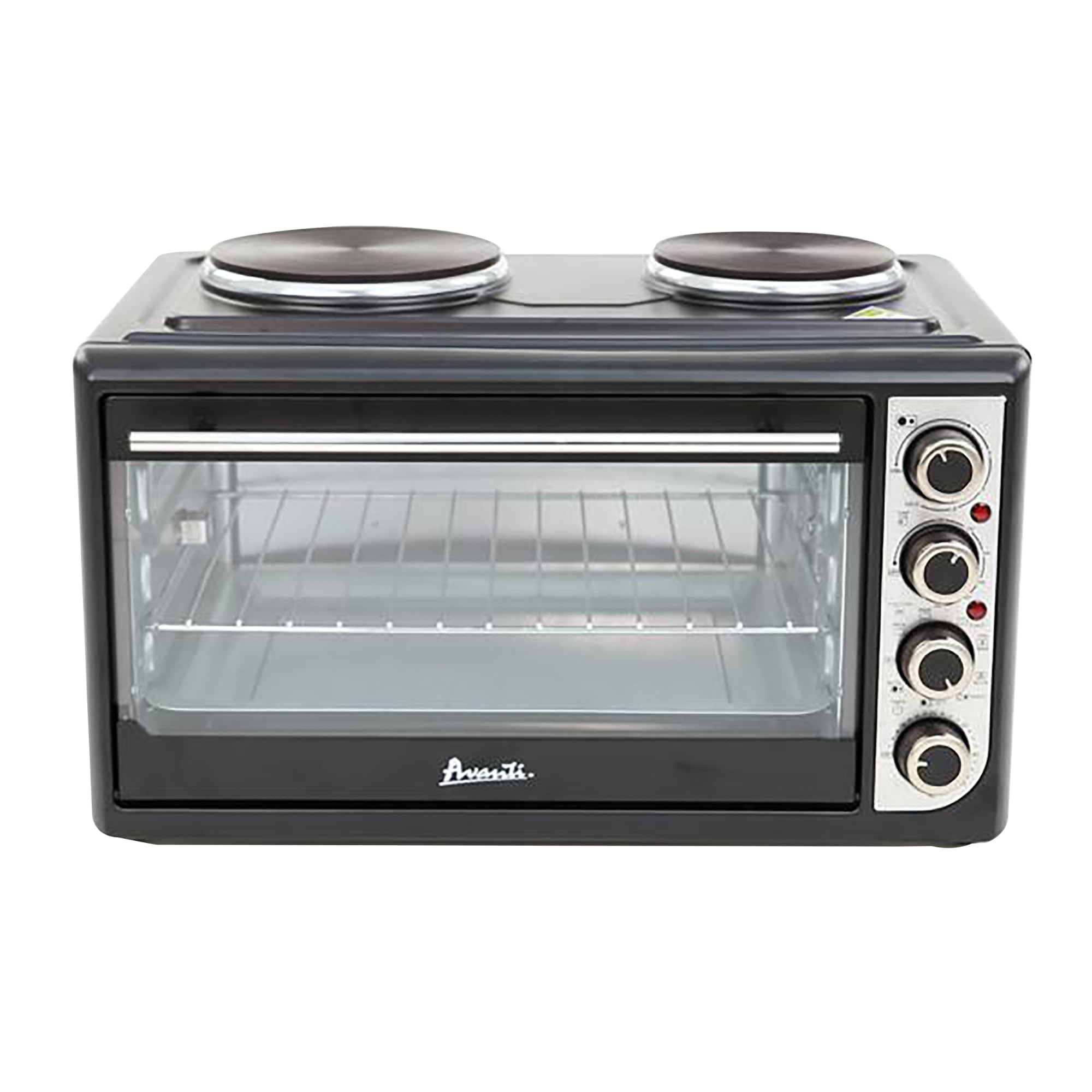 Avanti Portable Convection Oven with Rotisserie & Dual Burner Cooktop - 1.4 Cu.Ft Countertop Oven with 60-Min Timer, Auto Shut-Off - Perfect for Small Kitchens, Camping & Outdoor Cooking (Black)