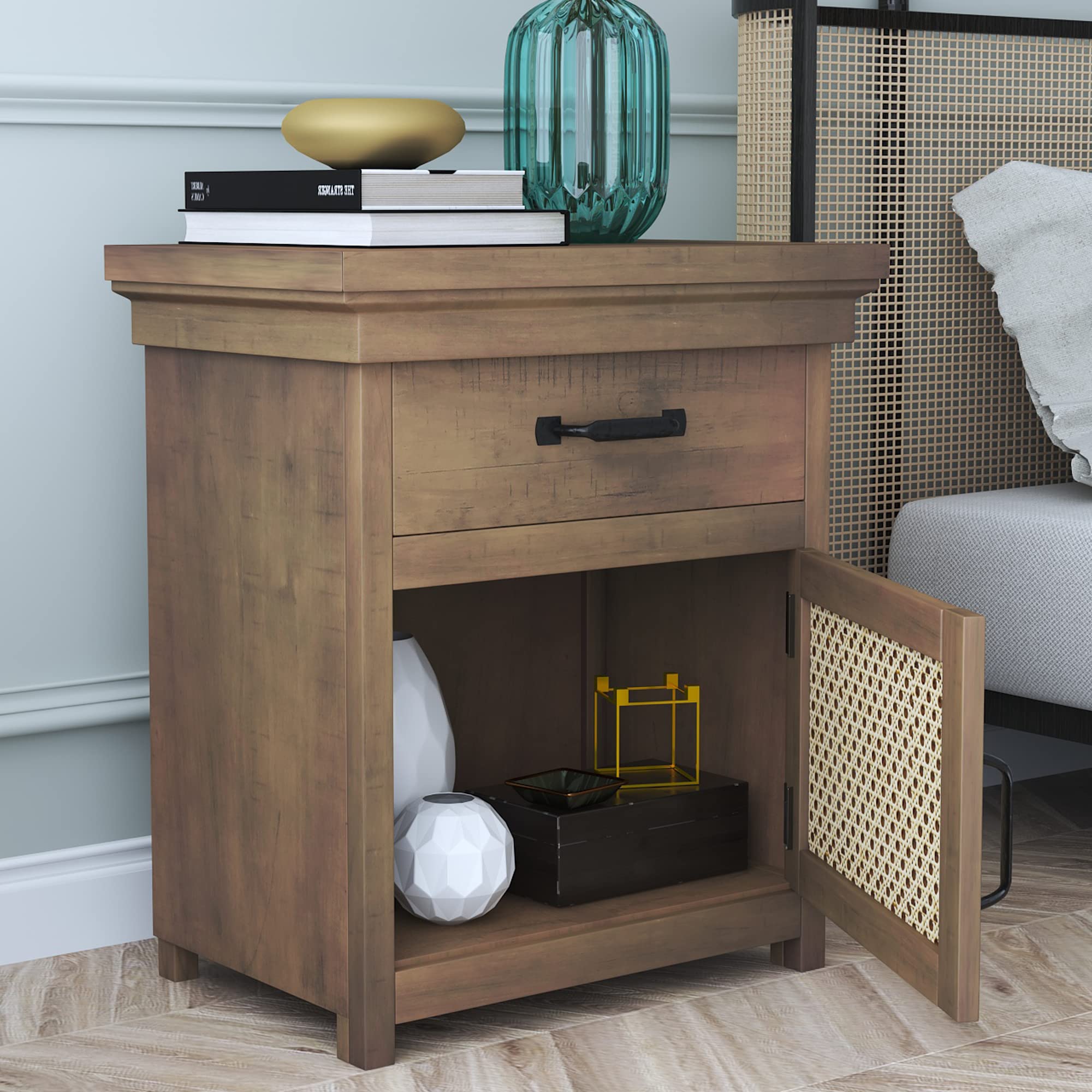 Beyamis Nightstand with Drawer - Rattan Design Cabinet in Natural Wood Finish - Perfect for Bedroom, Living Room, or Office Storage