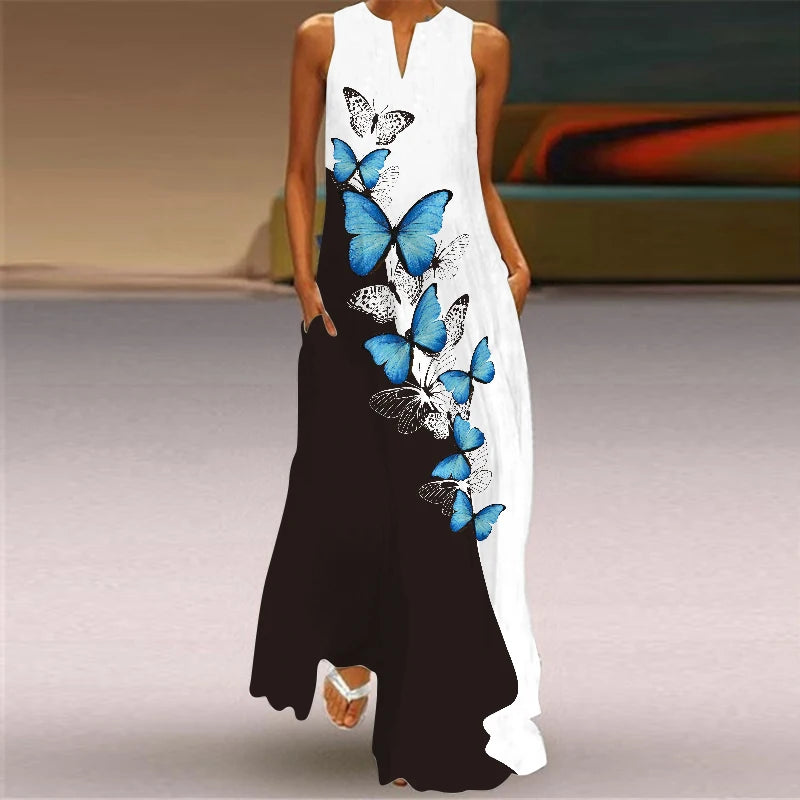 Stylish Women's Floral Print Hollow V-Neck Maxi Dress - Sleeveless Loose Fit Summer Beach Dress for Vacation, Seaside Outings & Boho Chic Occasions