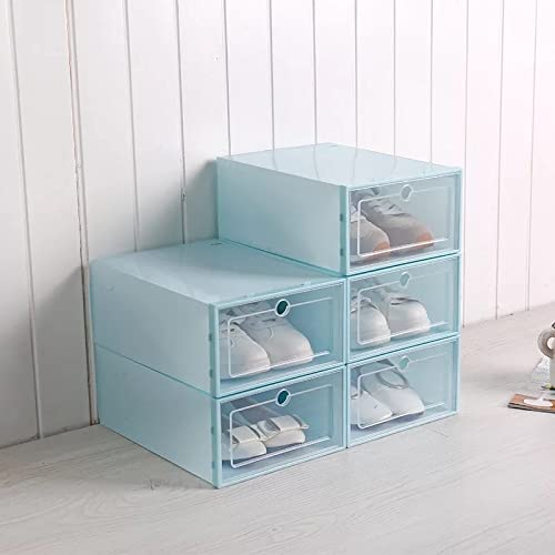 6-Piece Transparent Plastic Shoe Storage Box Organizer - 33X23X14.5cm Blue PP Thickened Drawers for Closet, Entryway & Bedroom Organization - Stackable Shoe Boxes for Men & Women
