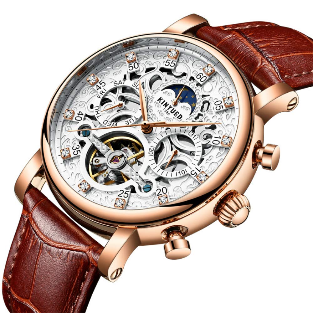 Men's Tourbillon Automatic Watch - Rose White Leather Strap for Business & Casual Wear