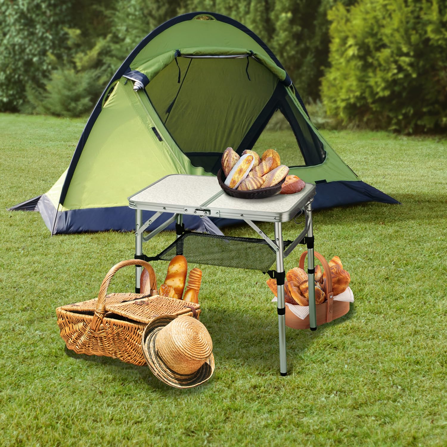 Adjustable Height Camping Table with Mesh Storage Layer, 23.6