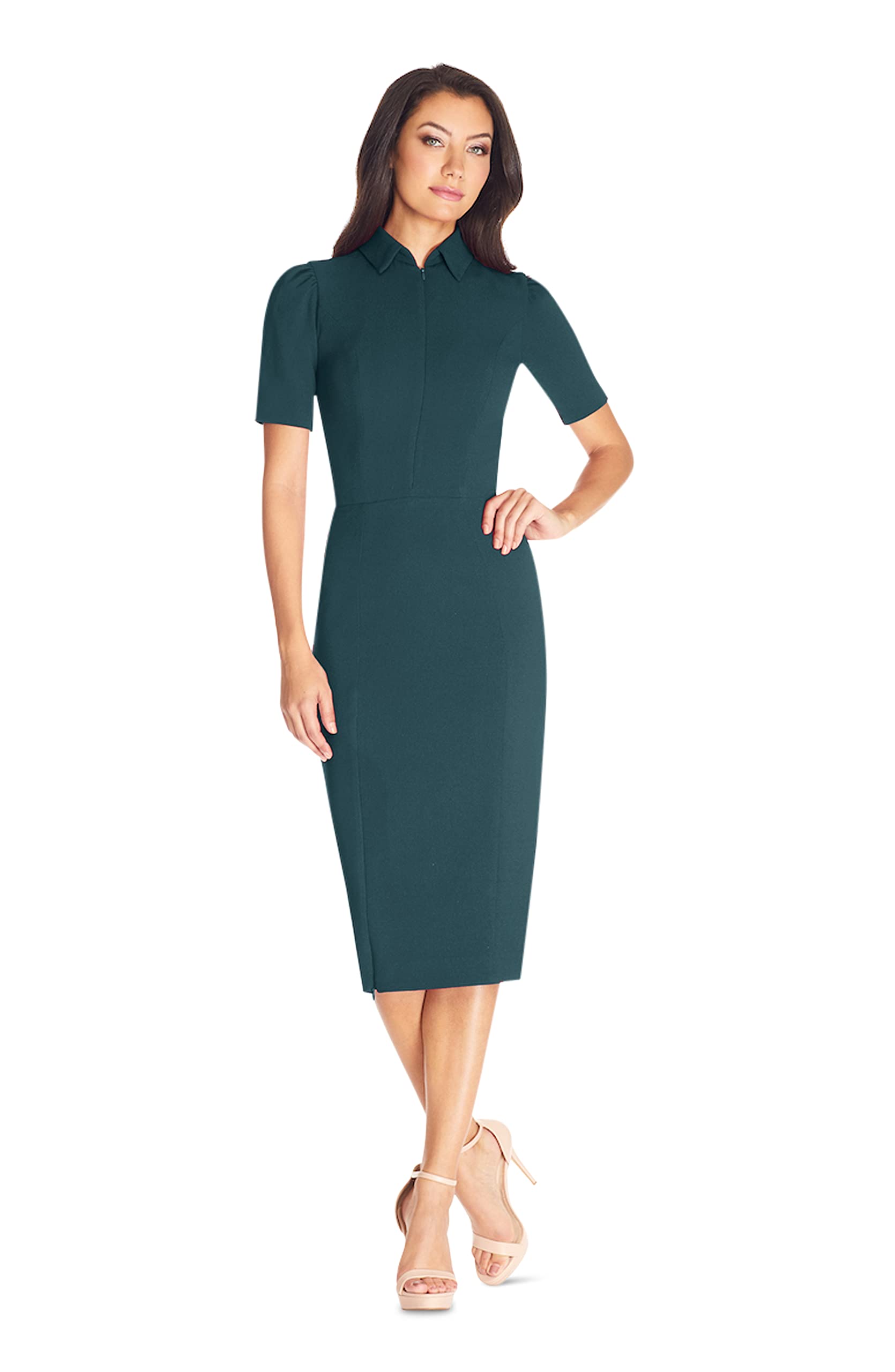 Women's Bodycon Midi Dress with Collar & Zip Neck - Short Sleeve Slim Fit by Dress the Population | Perfect for Cocktail Parties, Date Nights & Office Wear