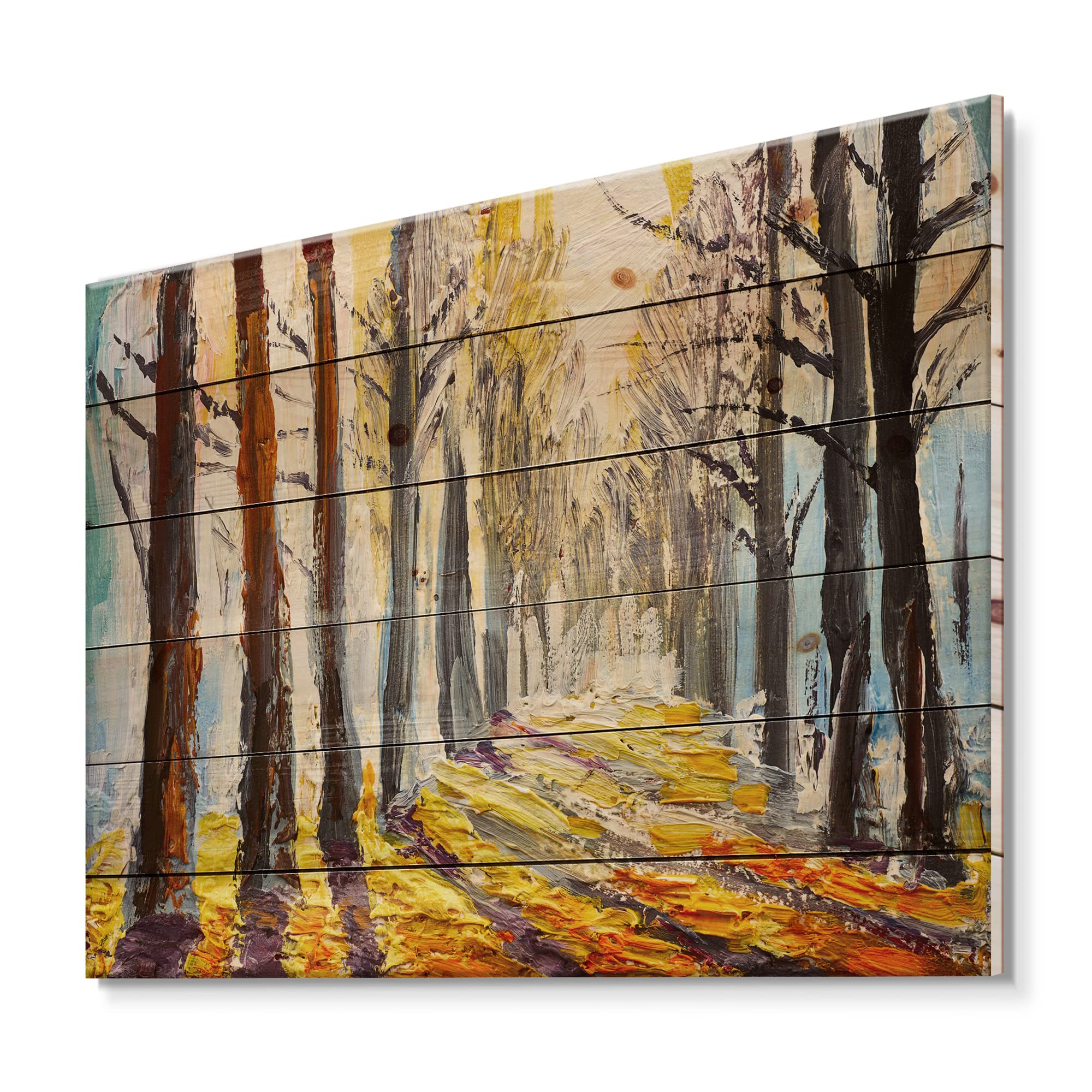 Autumn Lake House Wood Wall Art - Large Yellow Landscape Panel Printed on Natural Pine Wood - Perfect for Living Room, Bedroom & Cabin Decor