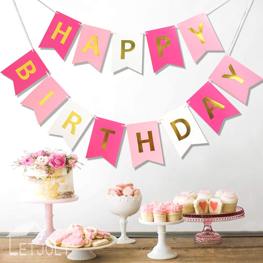 Rose Gold Sparkle Happy Birthday Banner - 13 Piece Pink Birthday Party Decorations for Girls, Nursery Hanging Signs with Golden Glitter | Perfect for Birthday Parties, Baby Showers & Room Decor