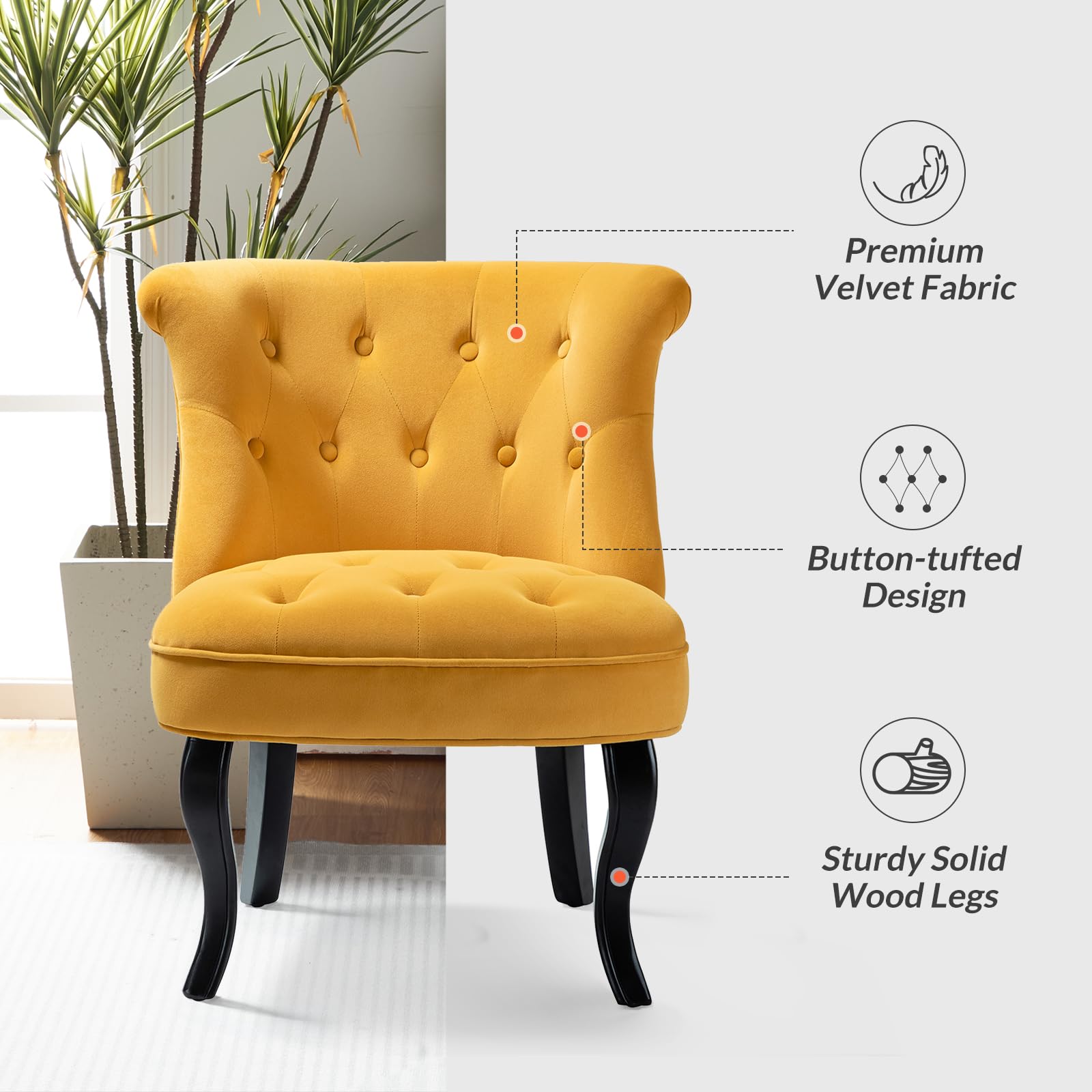 Modern Velvet Armless Accent Chairs Set of 2, Upholstered Fabric Button Tufted Sofa Chairs with Sturdy Wooden Legs - Living Room, Bedroom, Office Reception, Reading Nook - Mustard Yellow Home Decor for Cozy Spaces