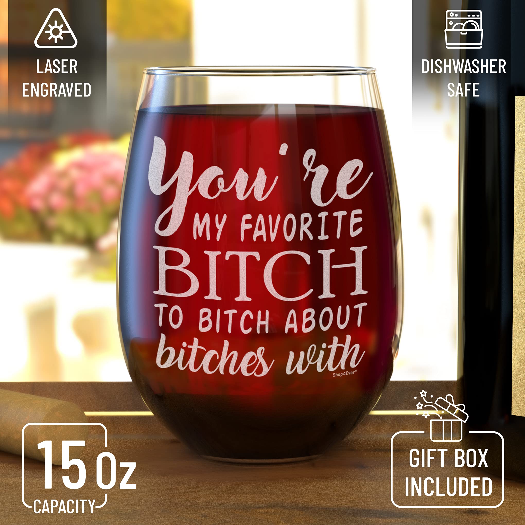 You're My Favorite B Laser Engraved Stemless Wine Glass - Funny Wine Glass Gift for Women, Sister, Bridesmaid, Best Friend & Coworker - Perfect Birthday Gift Idea for Parties, Girls Night & Special Occasions