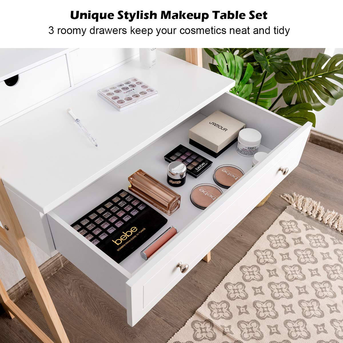Charmaid 25-inch Vanity Set with 3 Drawers, Large Mirror & Cushioned Stool - Modern Makeup Dressing Table for Women & Girls, Space-Saving Design Perfect for Small Apartments, Bedrooms & Dorm Rooms