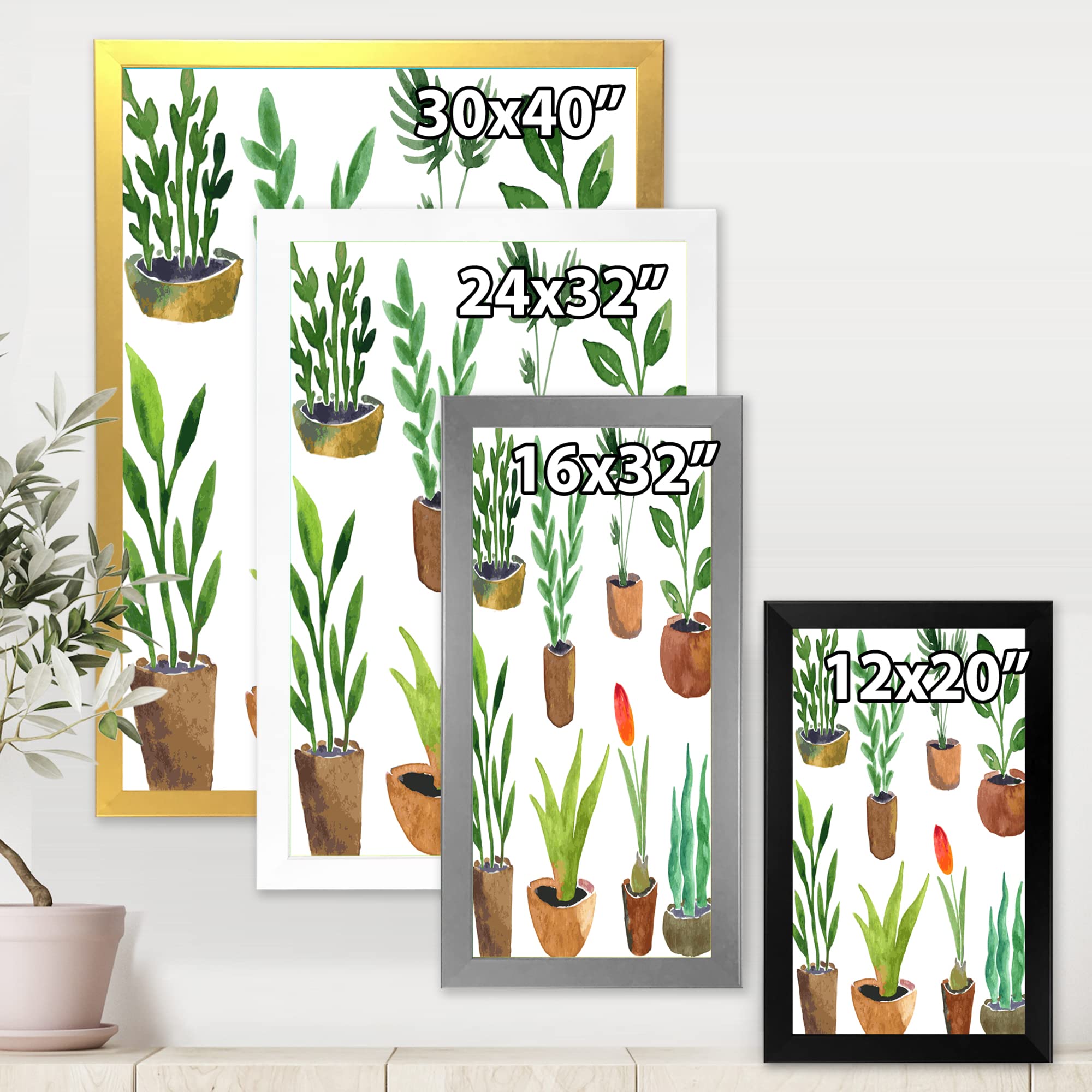 DesignQ Eight Potted House Plants Traditional Framed Wall Art - Botanical Home Decor for Living Room, Bedroom & Office - Perfect Gift for Plant Lovers