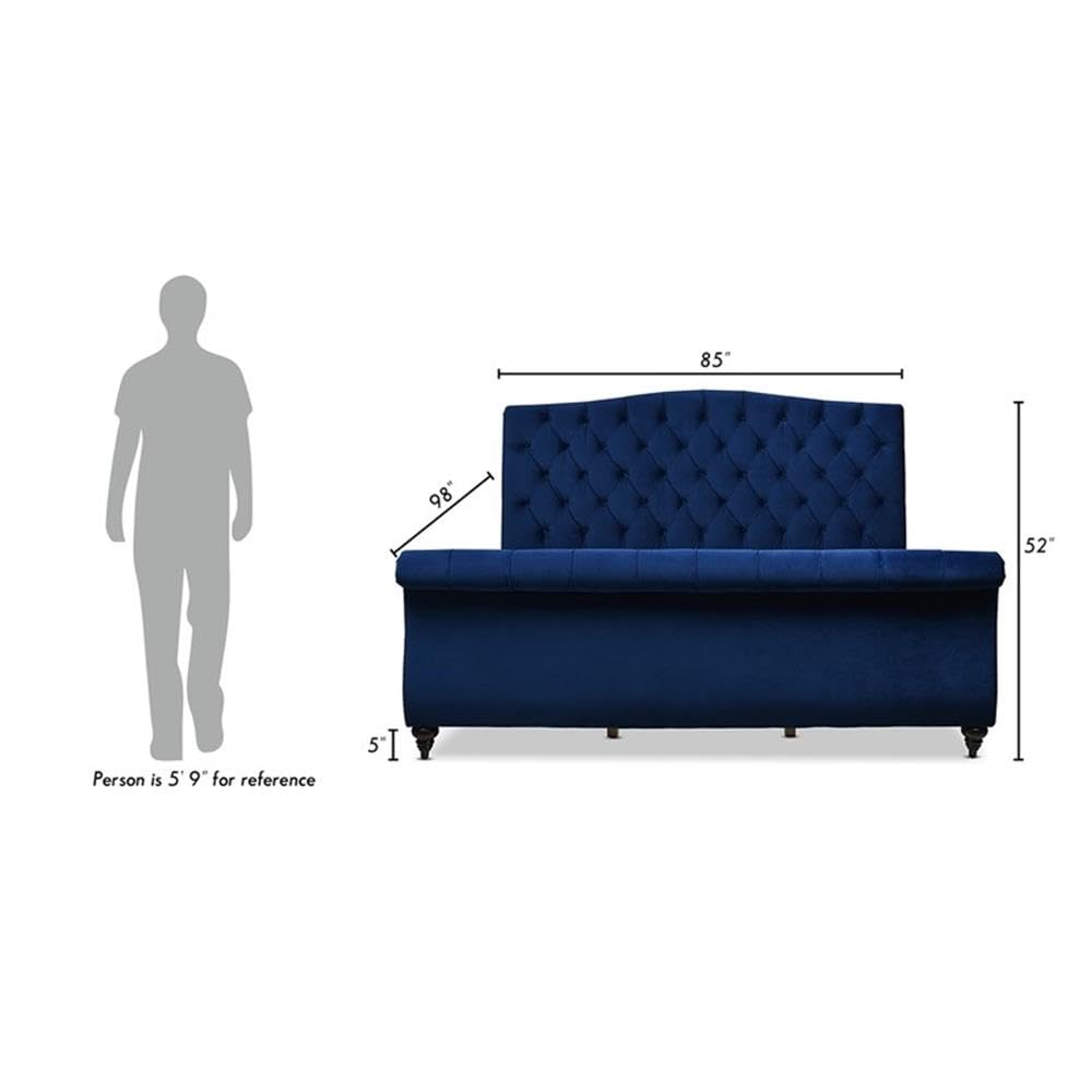 Jennifer Taylor Home Nautilus King Bed Frame with Headboard & Footboard - Navy Blue Velvet Upholstered - King Size (US Standard) - Luxurious Bedroom Centerpiece for Master Suites & Guest Rooms
