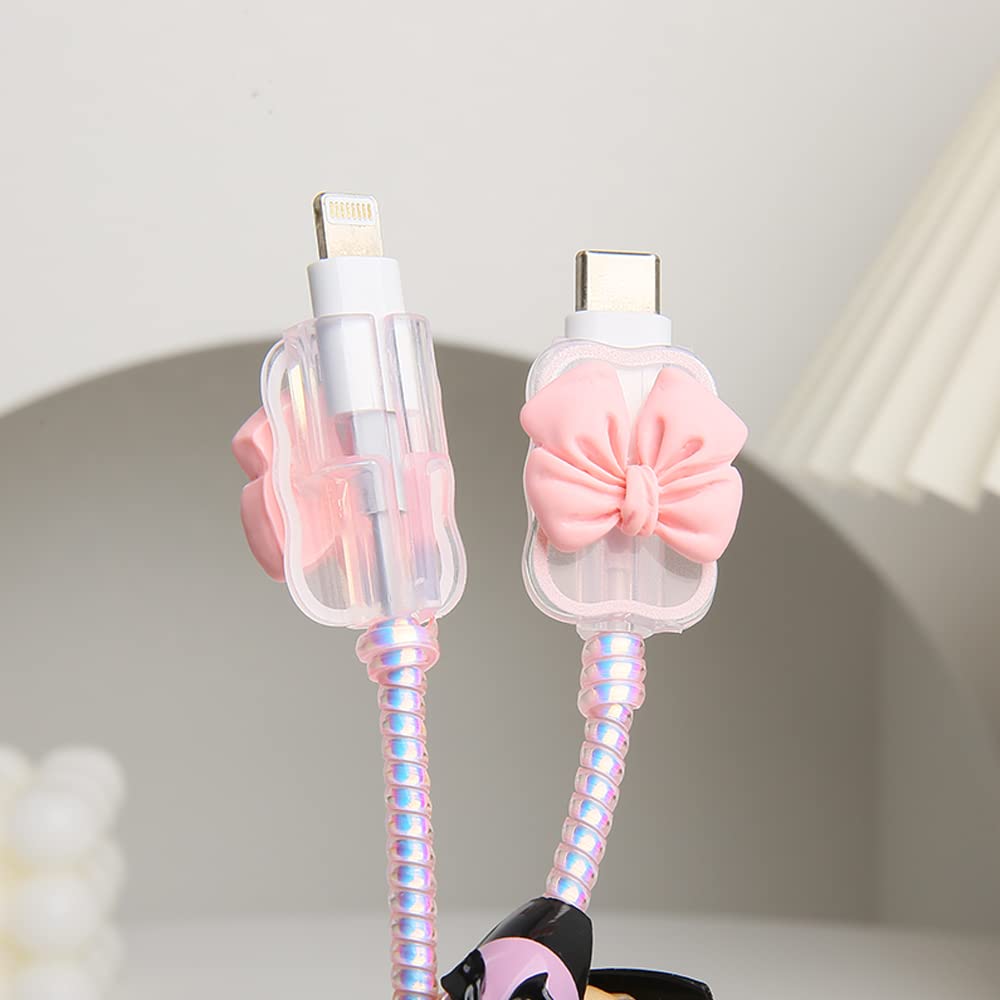 3D Bow Tie Cute iPhone USB-C Charger Cover - 18W/20W Fast Charging Protector for iPhone 11 12 13 14 Pro Max - Soft Clear Kawaii Cable Saver (Pink, 5-in-1) - Perfect for Home, Office & Travel Accessories