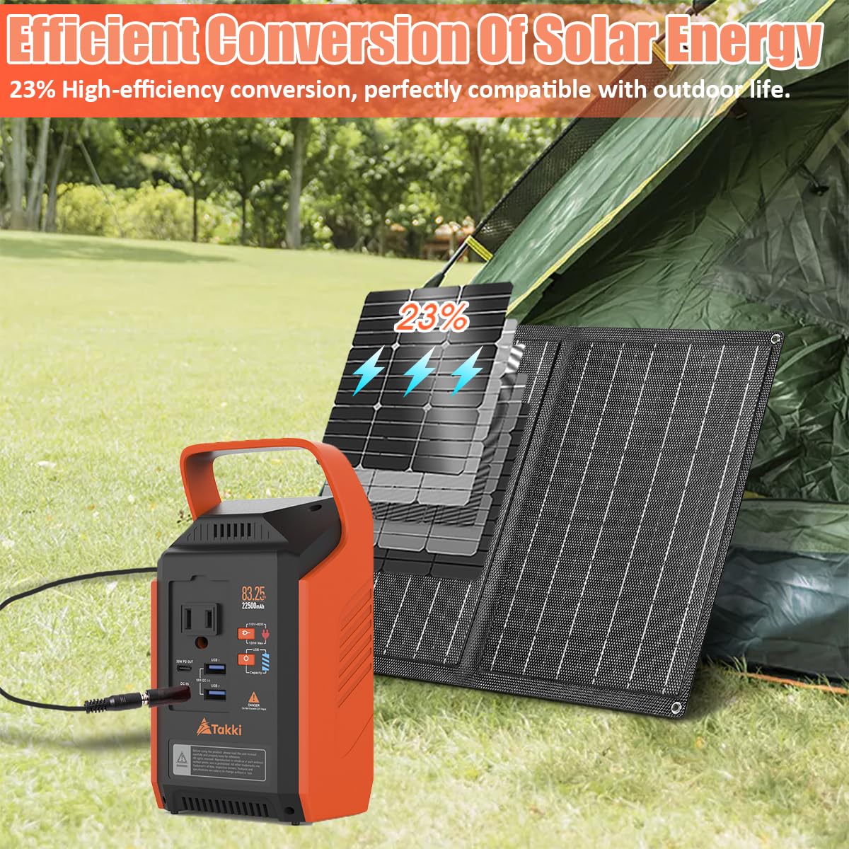 Takki 120W Peak Solar Generator Portable Power Station with 21W Solar Panels - 83Wh Solar Power Bank with AC Outlet for Camping, Emergency Power, Outdoor Adventures, RV Trips & Home Backup