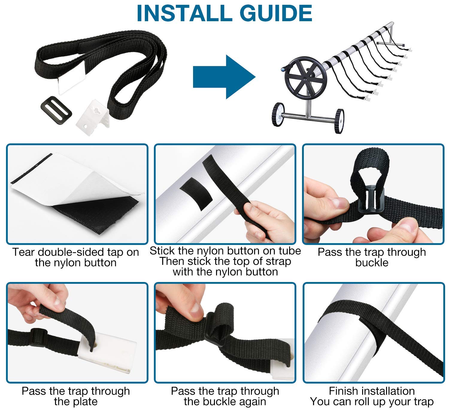 HENMI Universal In-Ground Pool Solar Cover Reel Attachment Kit - 8 Adhesive Nylon Straps, Tabs, Cord Plates & Buckles for Solar Blanket Straps - Perfect for Easy Swimming Pool Cover Storage and Maintenance