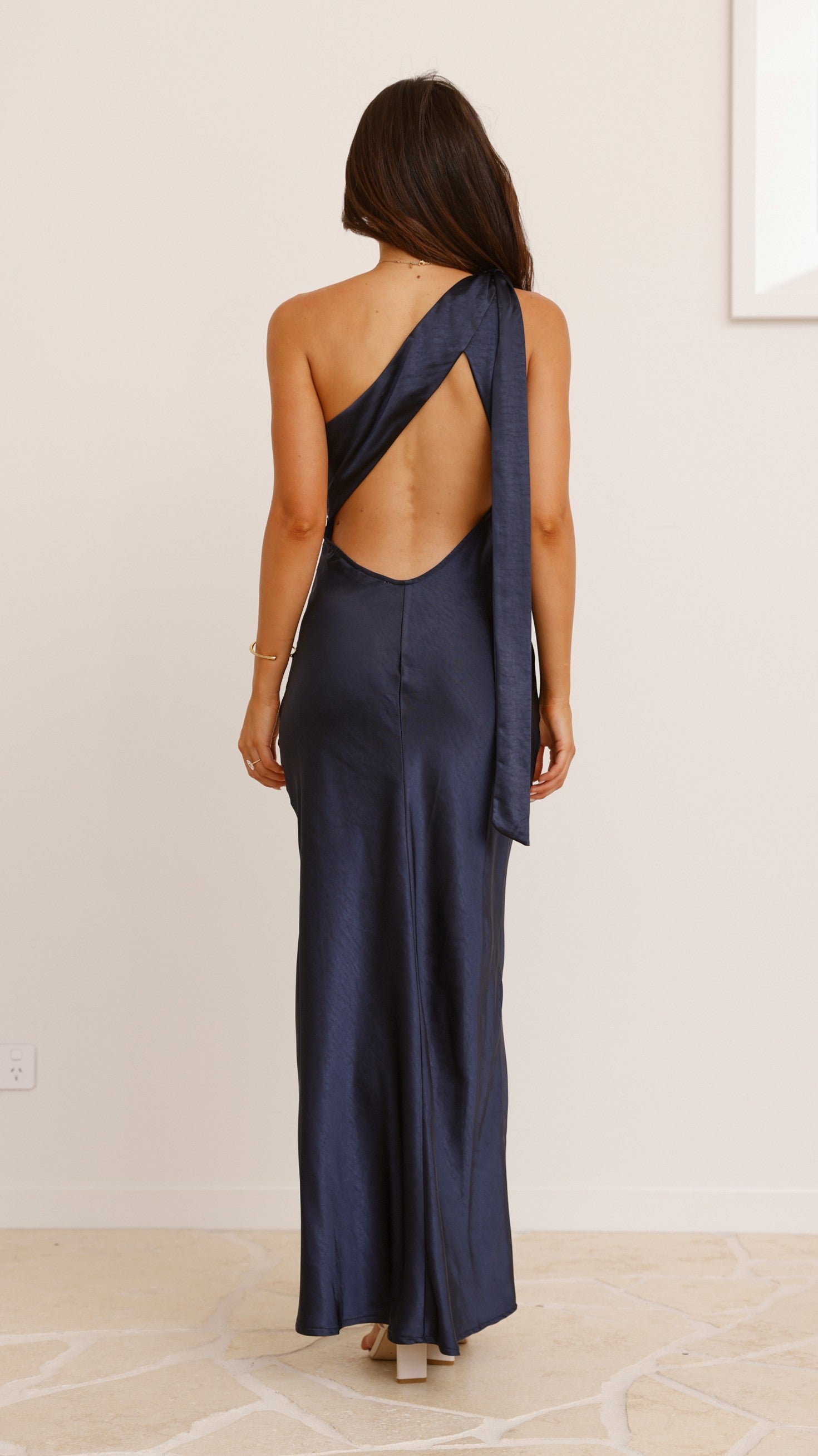Elegant Halle One Shoulder Maxi Dress in Navy Blue - Perfect for Beach Weddings, Evening Parties & Summer Vacations