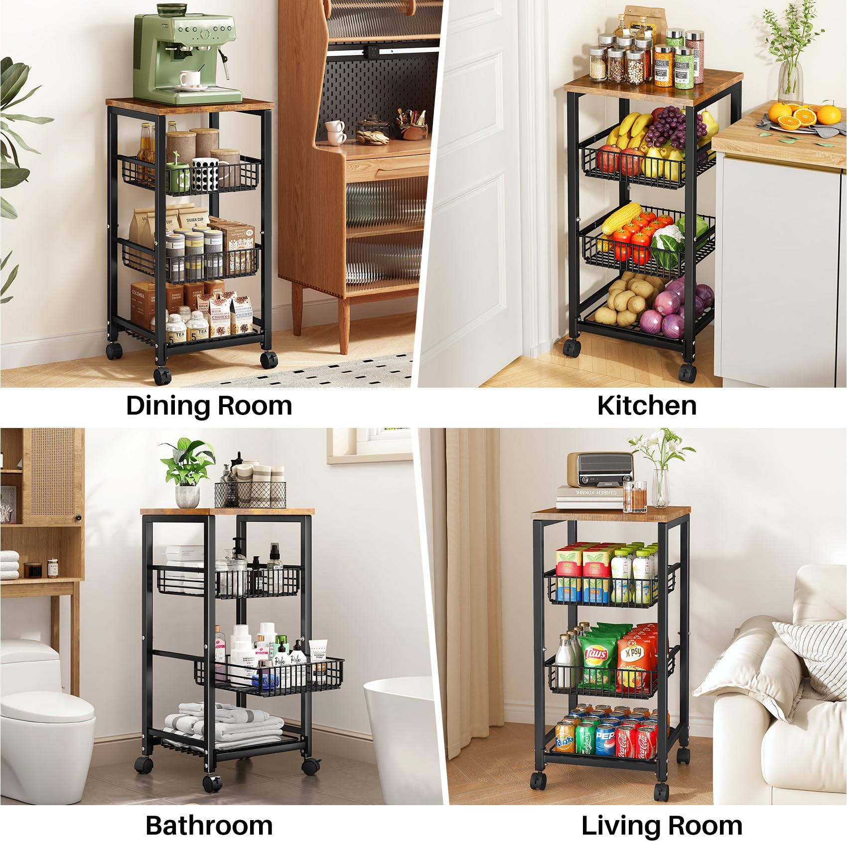 SNTD Pull Out Metal Wire Basket with Wood Top - Kitchen Pantry Organizer for Fruits, Vegetables, Onions, Potatoes & Snacks | Space Saving Storage Solution for Countertop, Cabinet or Pantry