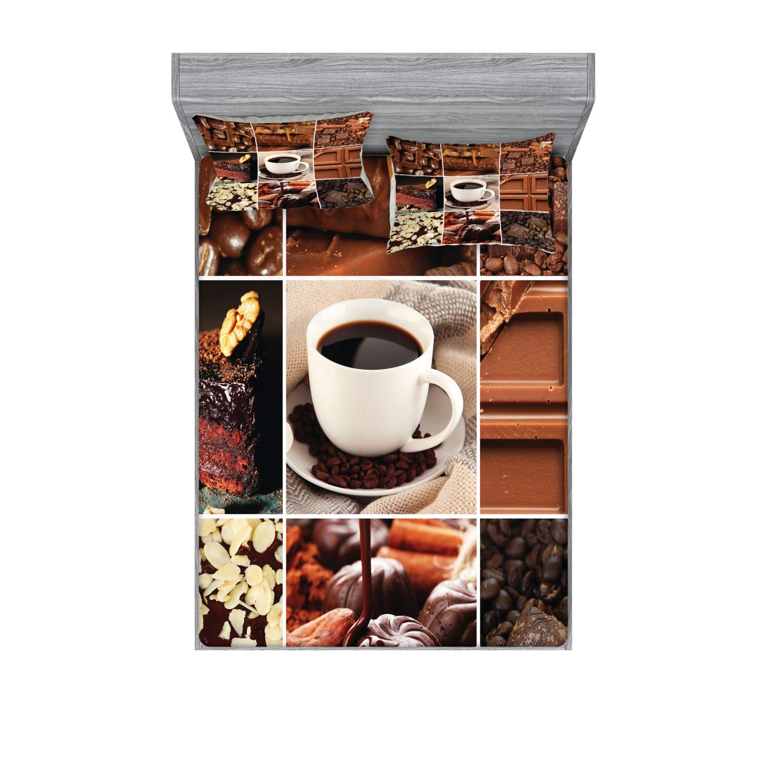 Ambesonne Brown Fitted Sheet & Pillow Sham Set - Coffee & Chocolate Themed Printed 3-Piece King Size Bedding Set | Perfect for Cozy Bedroom Decor & Coffee Lover Gifts