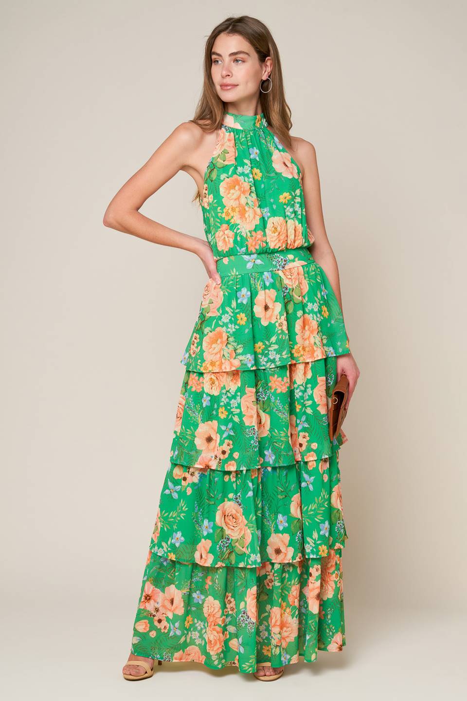 Porcelain Bloom Green Floral Halter Maxi Dress - Elegant Summer Beach Wedding Party Outfit for Women