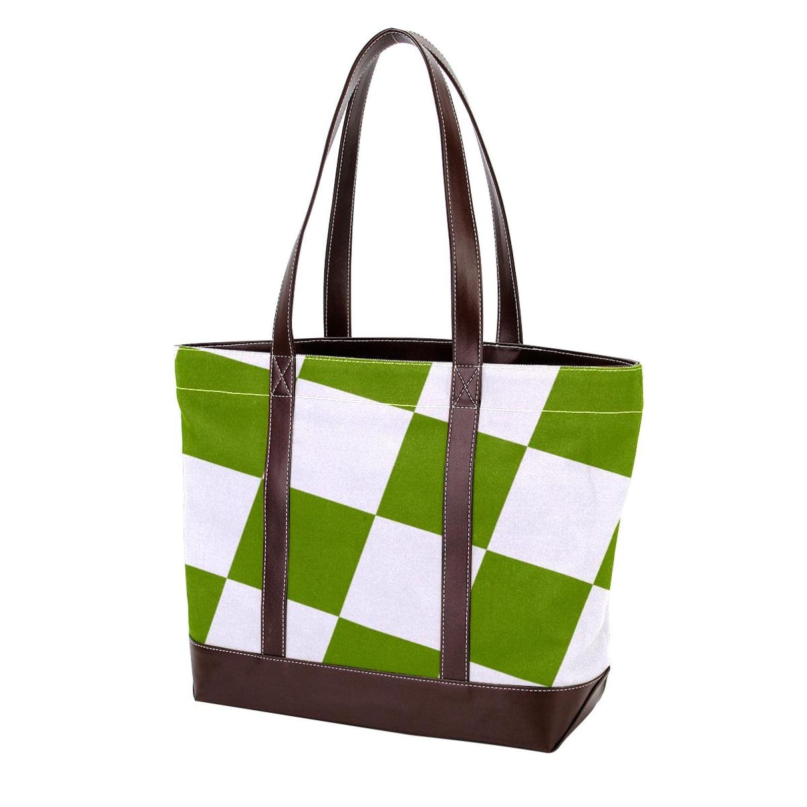 Stylish Diagonal Plaid Pattern Large Tote Bag for Women - Durable Leather & Canvas Top Handle Shoulder Satchel Purse - Perfect for Work, Travel & Everyday Use
