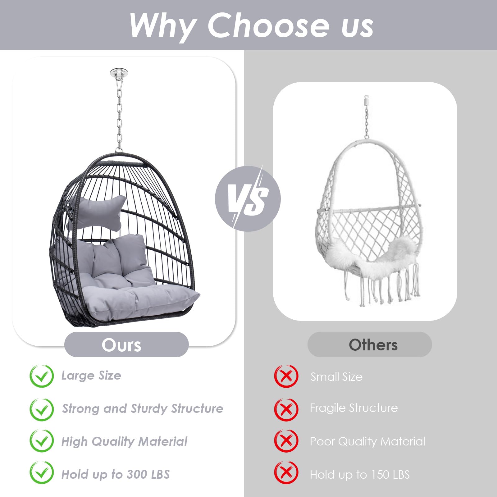 Foldable Hanging Egg Chair Without Stand - Rattan Swing Chair with Cushion & Pillow - Indoor/Outdoor Wicker Hammock Chair for Bedroom, Patio, Garden (Gray) - Perfect for Relaxing, Reading & Lounging