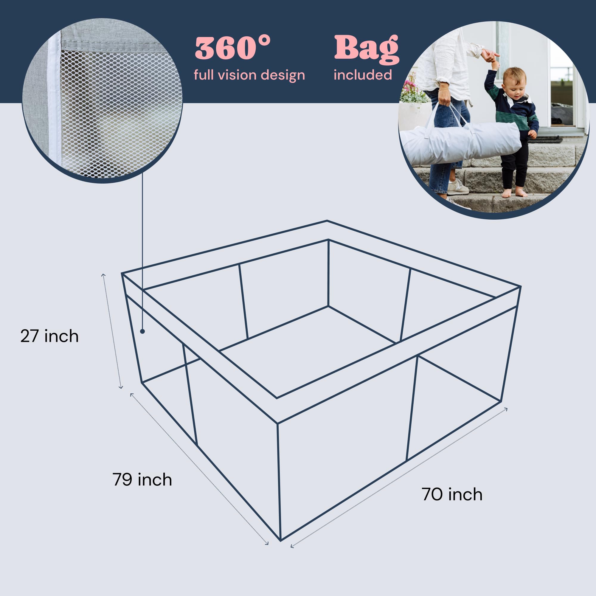 TODALE Extra Large Baby Playpen 79”×70” - Durable Tear-Resistant Play Yard for Infants & Toddlers, Indoor & Outdoor Safe Play Area with Gate, Grey - Perfect for Home, Daycare, and Backyard Use
