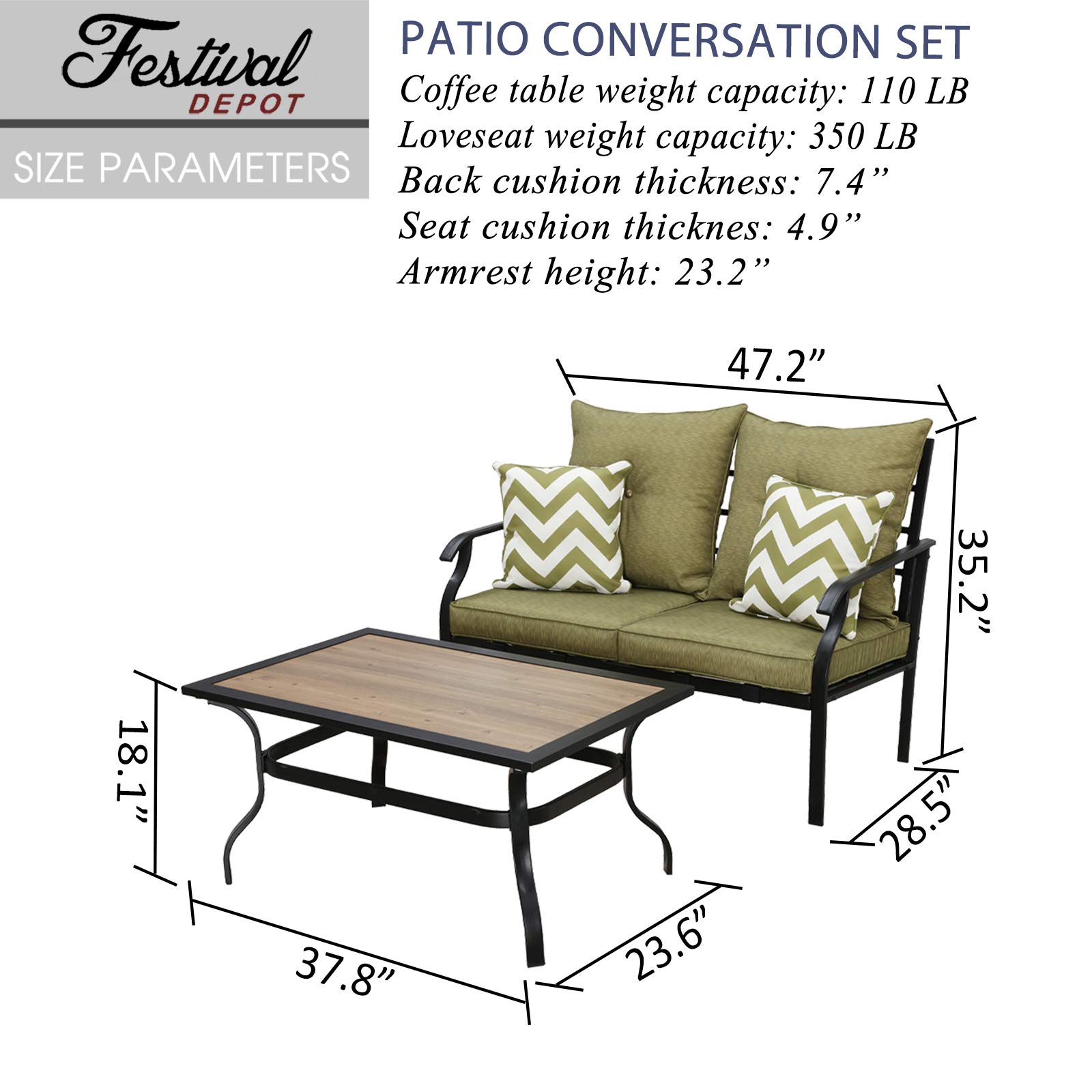 2-Piece Patio Conversation Set with Loveseat, Cushions, Pillows & Coffee Table - Outdoor Metal Garden Furniture for Backyard, Porch (Green) | Perfect for Relaxing, Entertaining & Outdoor Gatherings