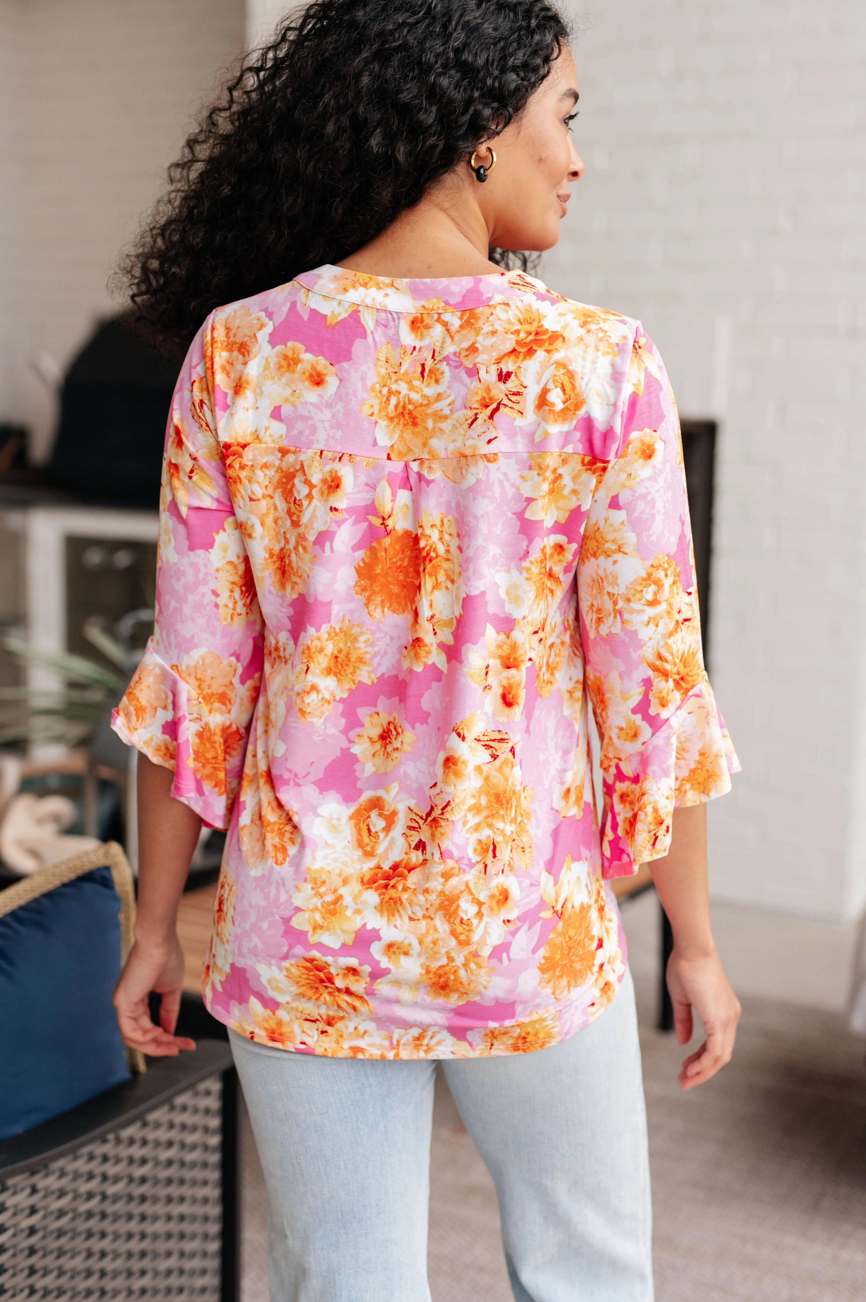 Lizzy Bell Sleeve Blouse - Pink & Gold Floral Print Women's Tops for Casual Wear, Office, and Date Night Outfits