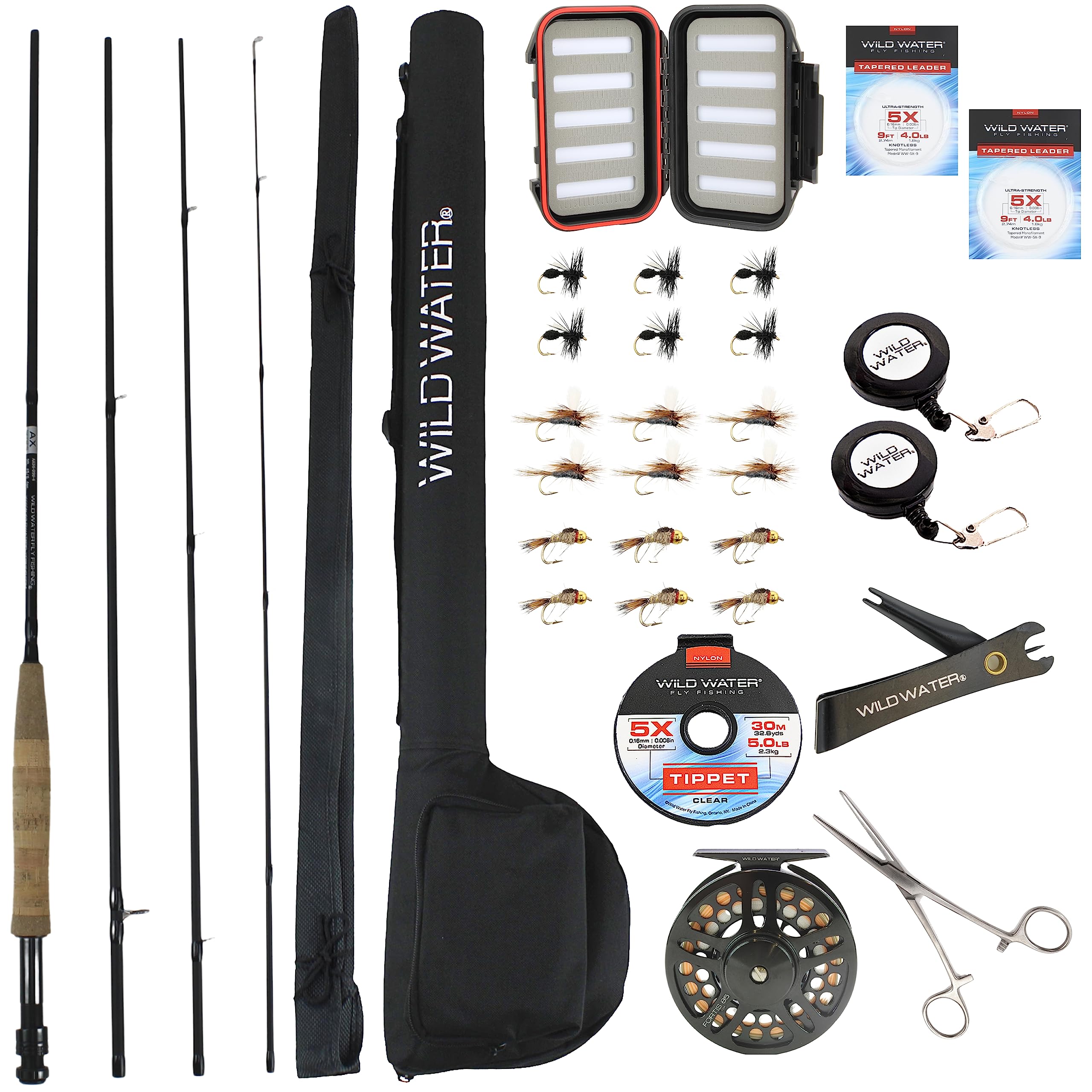 **Wild Water Deluxe Fly Fishing Combo Starter Kit – 5 Weight 8 Foot 4-Piece Graphite Rod with Cork Handle, Die-Cast Aluminum Reel, Accessories, Carrying Case & Fly Box – Perfect for Beginners & Trout Fishing in Rivers & Lakes**