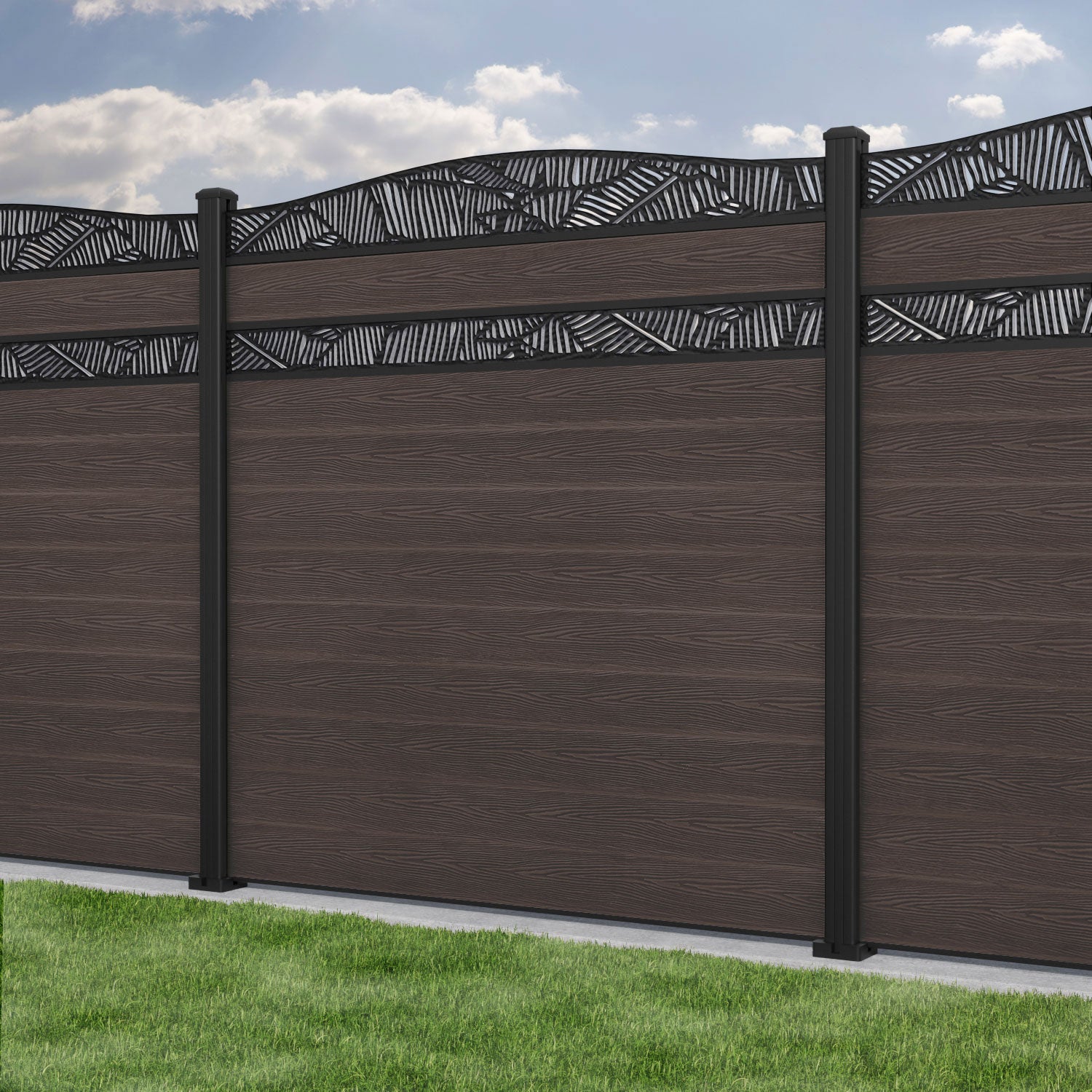 Classic Feather Curved Top Split Screen Fence Panel - Mid Brown - Aluminum Posts - Perfect for Garden Privacy & Backyard Decoration