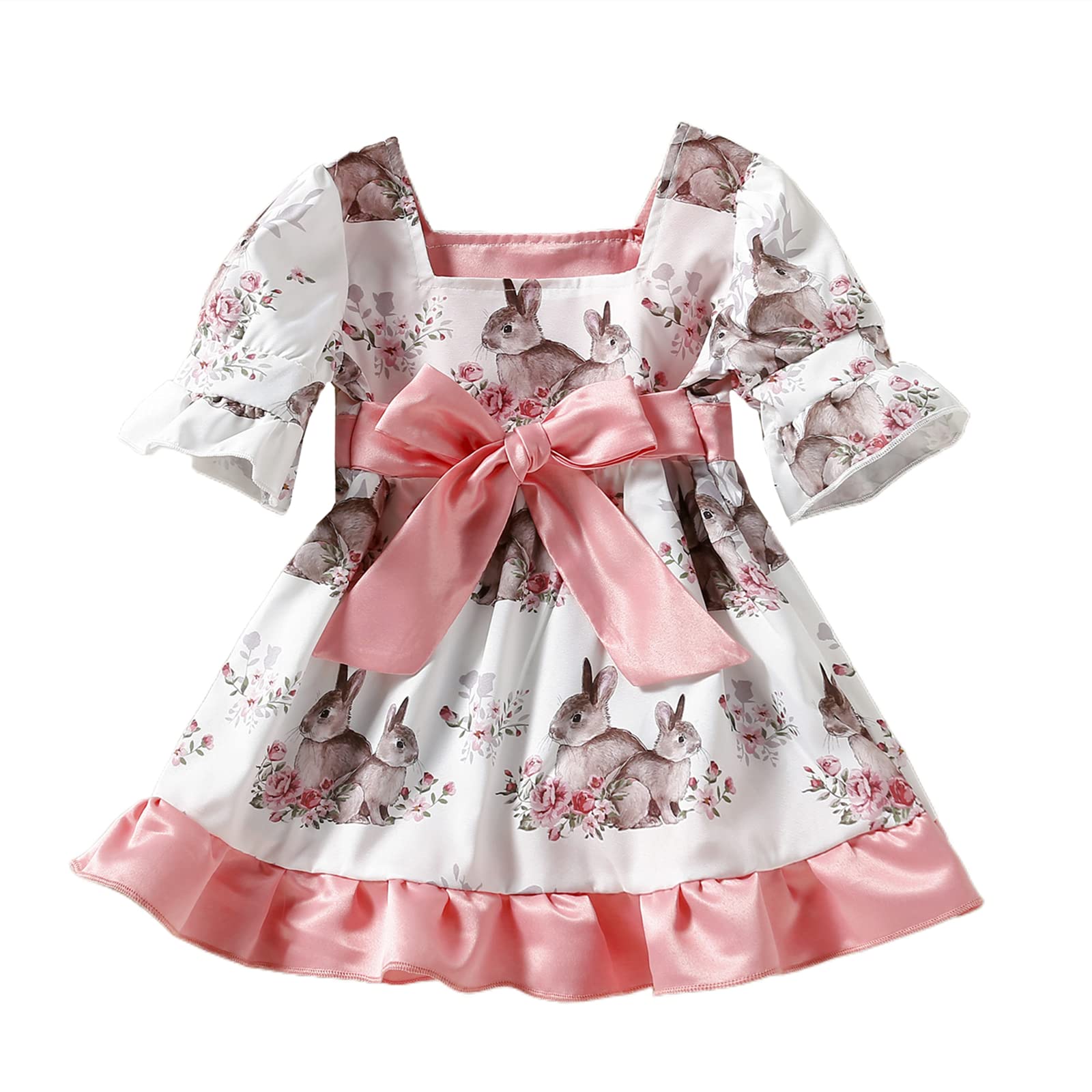 Easter Bunny Print Baby Girl Dress - Short Puff Sleeve/Sleeveless Ruffle A-Line Princess Dress for Toddlers 12-18 Months (Pink with Rabbits) | Perfect for Easter Celebrations, Spring Photoshoots & Special Occasions