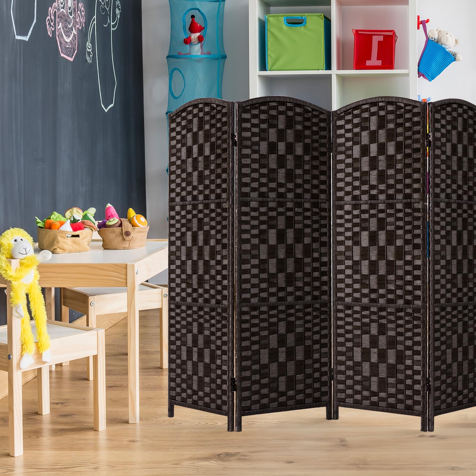 4-Panel Dark Mocha Room Divider - Foldable Privacy Screen & Temporary Wall Partition for Home Office, Bedroom, and Studio Space Separation