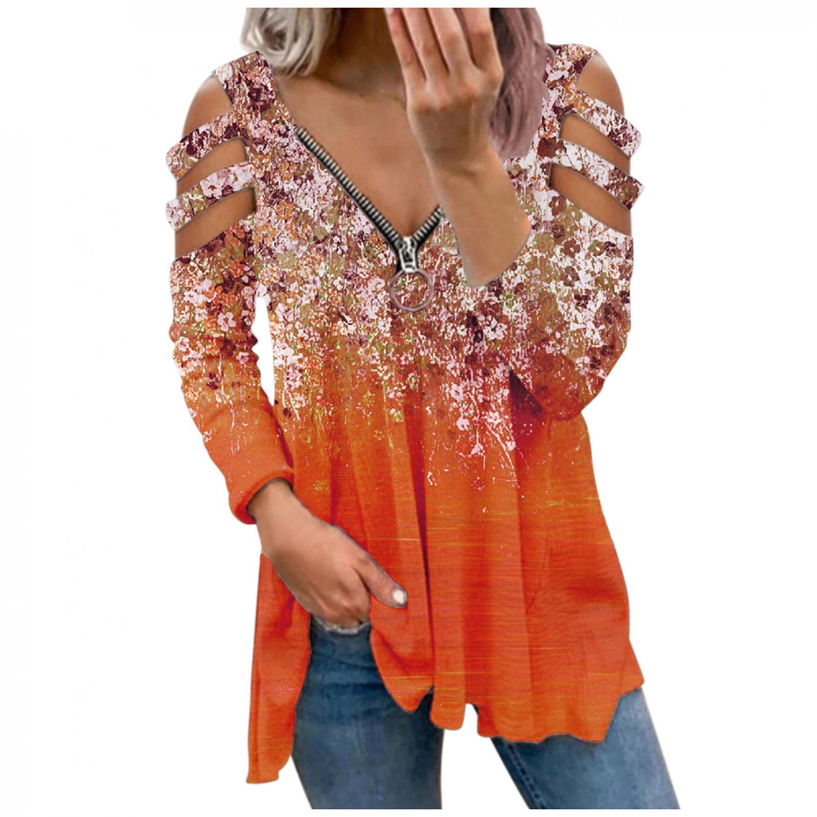 Women's Long Sleeve T-Shirts - Sexy Cutout Cold Shoulder Tops with Zipper V Neck Sweatshirt for Casual Wear, Date Night & Fall Fashion