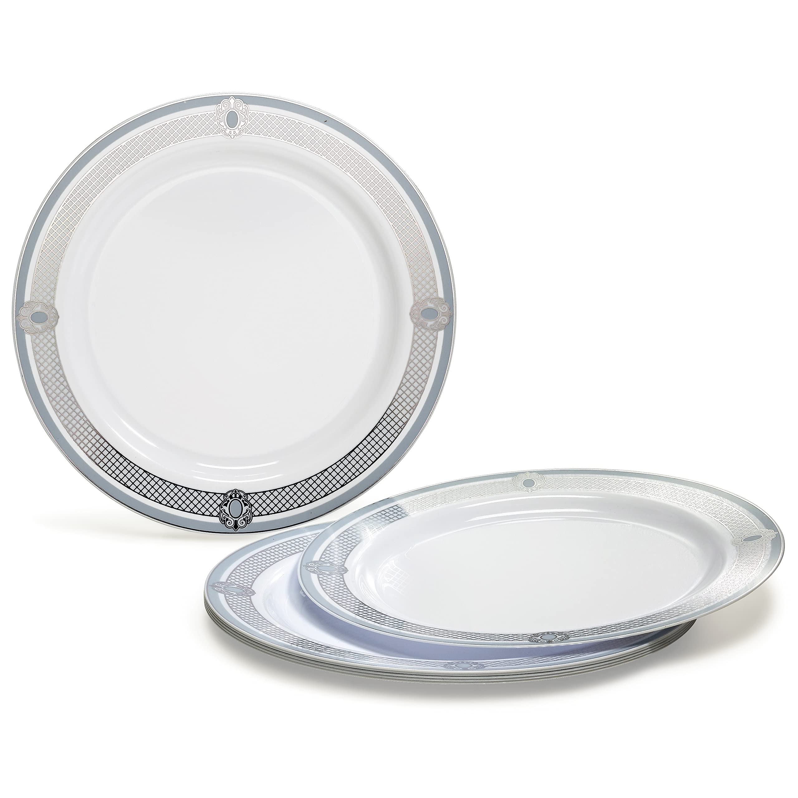40-Pack Disposable Plastic Plates for Weddings & Parties - 10.25'' Elegant Dinner Plates in White, Blue & Silver - Perfect for Wedding Receptions, Birthday Parties & Special Events