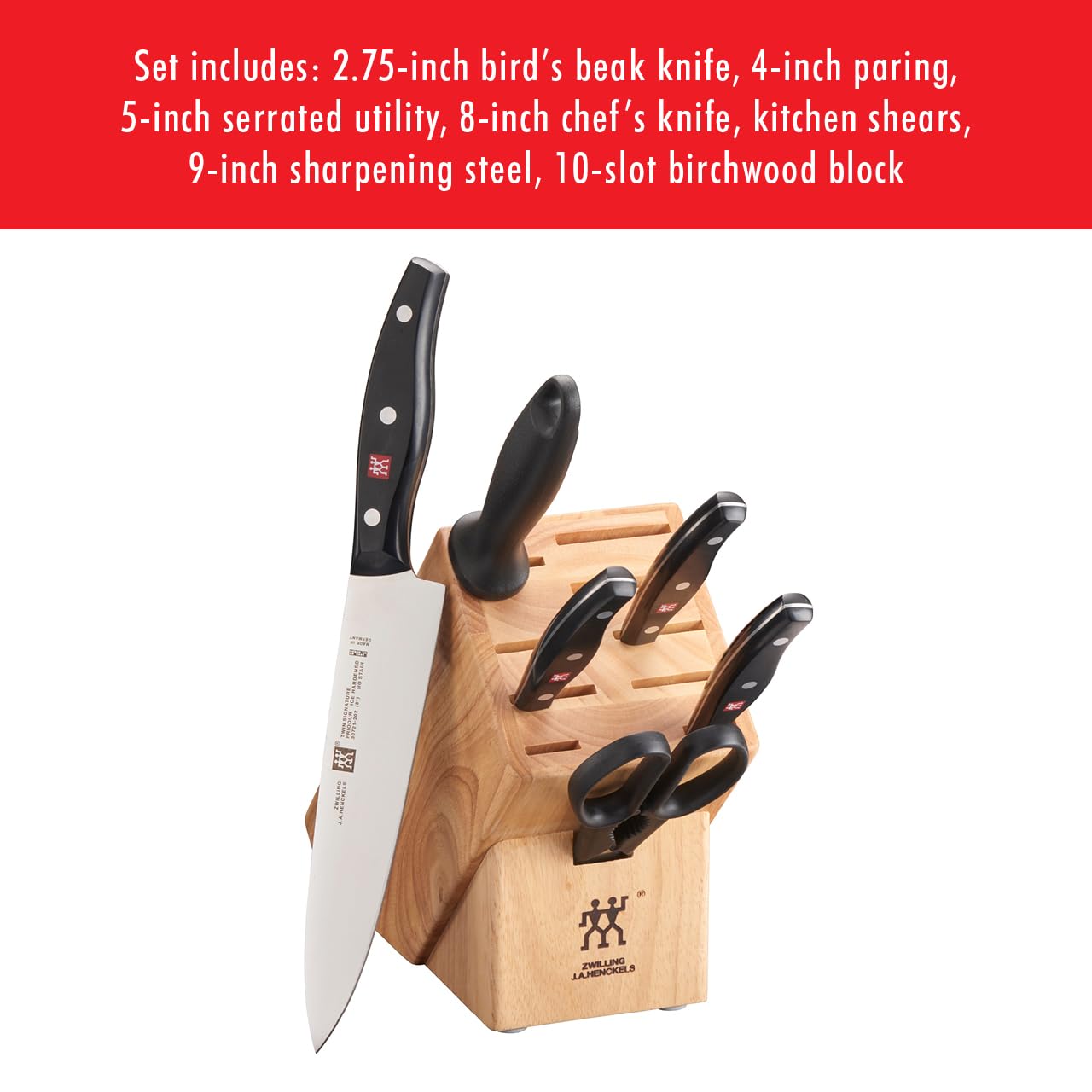 **ZWILLING Twin Signature 7-Piece German Knife Set with Block - Razor-Sharp High-Carbon Stainless Steel Knives, Dishwasher Safe - Perfect for Professional Chefs & Home Cooking, Meat Cutting, Vegetable Chopping, and More**