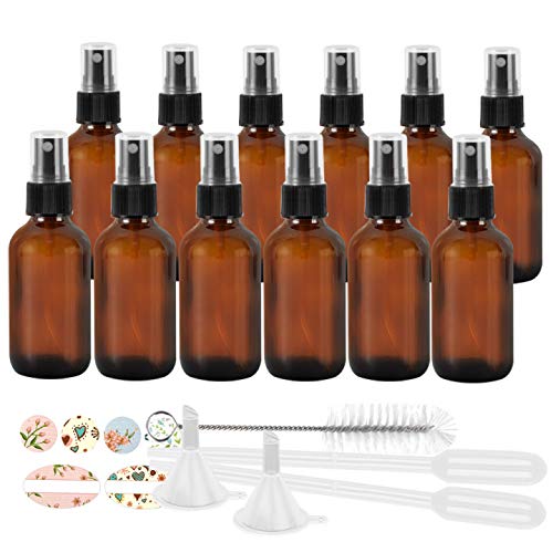 STARSIDE 12 Pack (4oz/120ml) Amber Glass Spray Bottles with Fine Mist Sprayer & Dust Cap - Essential Oil Bottles, Perfume Atomizers, Cleaning Solution Containers - Includes 1 Brush, 2 Funnels, 2 Droppers & 18 Labels - Perfect for DIY Beauty, Aromatherapy & Home Cleaning