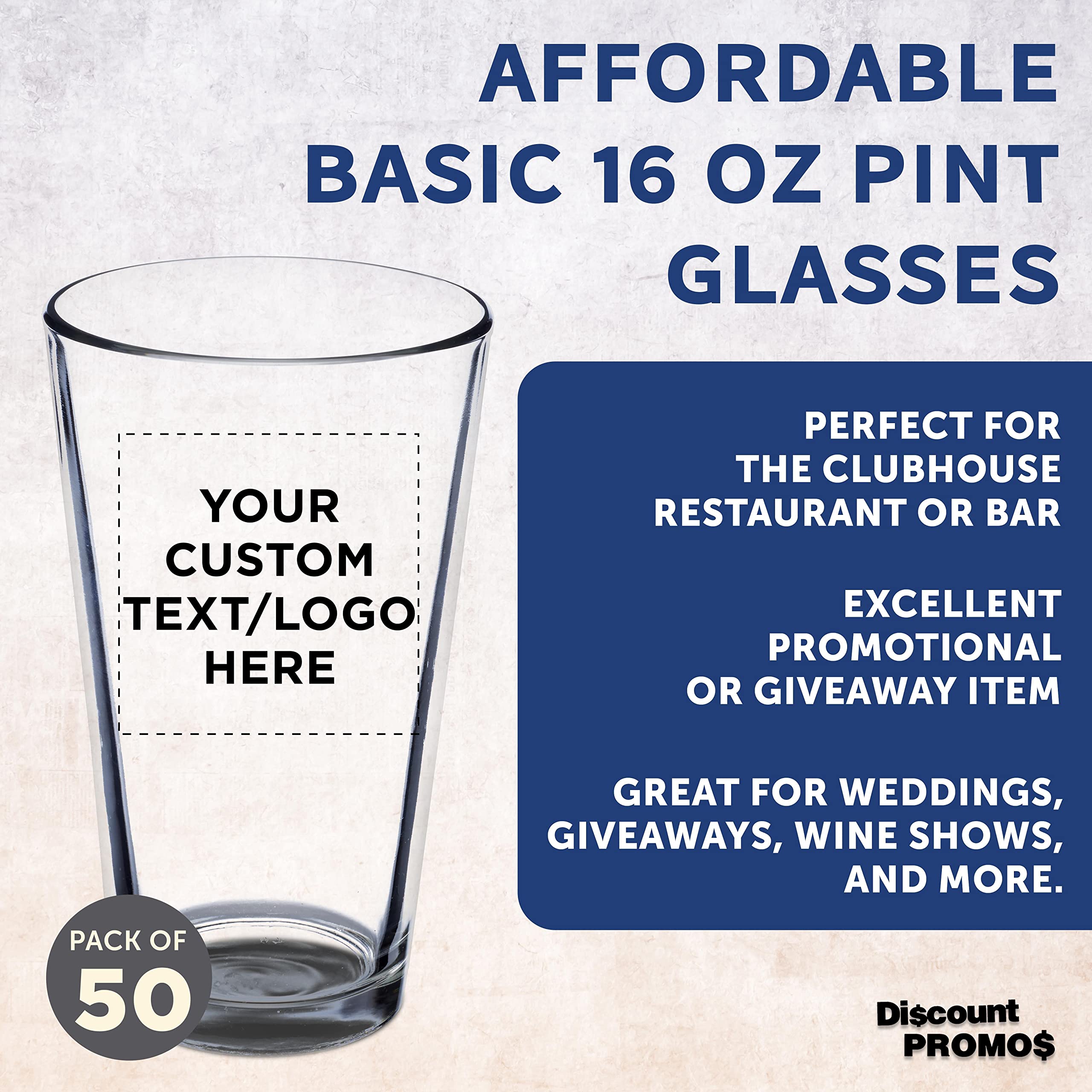 Custom 16 oz Beer Pint Glasses - Bulk Set of 50 Personalized Bar Glasses for Restaurants & Pubs - Heavy Duty Clear Glassware with Thick Base & Walls - Stackable Commercial Drinkware for Bars, Weddings & Events