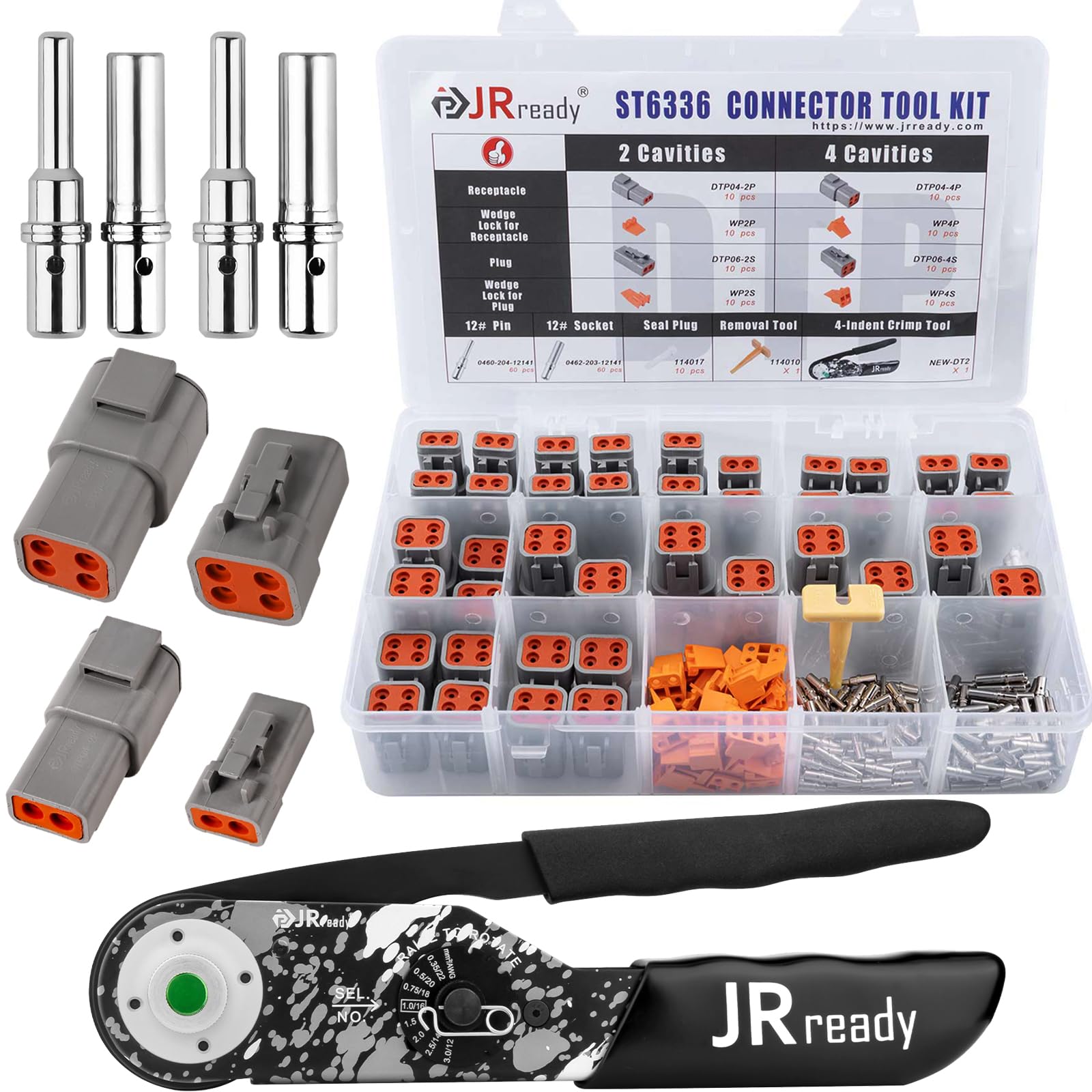 JRready ST6336 Deutsch Connector Kit with Crimper Tool - 2 & 4 Pin Waterproof Plug Connectors, 12# Solid Contact (25A Max) - Includes Pin Removal Tool for Automotive, Marine & Vehicle Wiring - Perfect for Truck, Boat & Off-Road Electrical Repairs