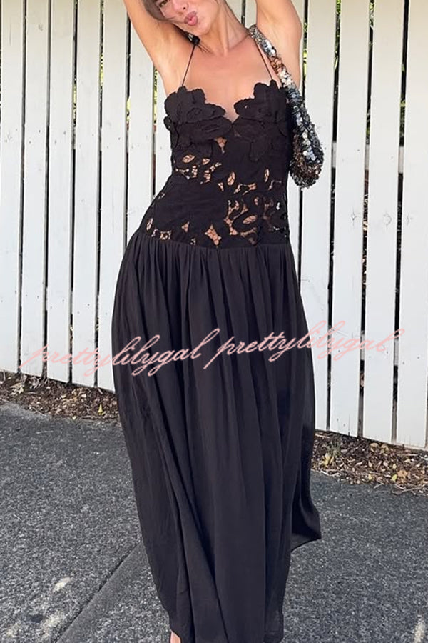 Stephanie Floral Crochet Lace Bust Chiffon Flowy Hem Maxi Dress for Women - Elegant Summer Beach Wedding Party Dress