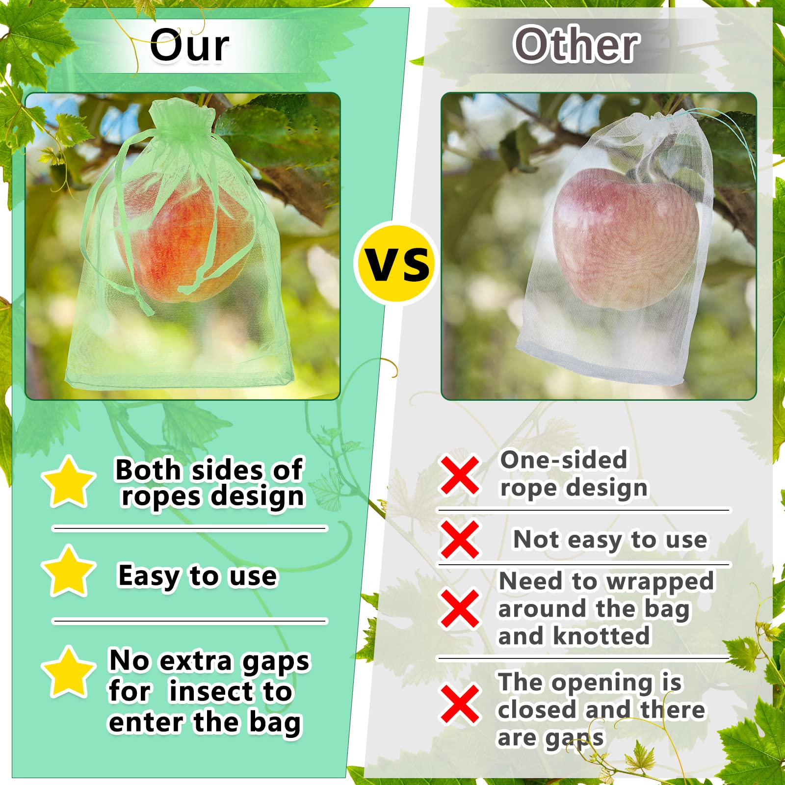 200 Pcs Fruit Protection Bags with Drawstring - 8x12 Inch Green Mesh Netting Bags for Apple, Peach & Vegetable Garden Protection - Perfect for Pest Control & Organic Gardening