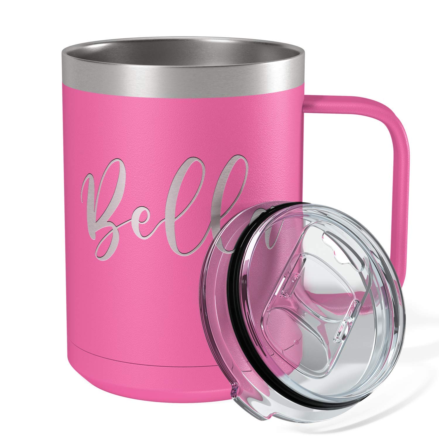 Personalized Pink Matte Finish 15 oz Stainless Steel Vacuum Insulated Coffee Mug with Handle - Custom Engraved Gift for Her, Perfect for Office, Home & Travel Use