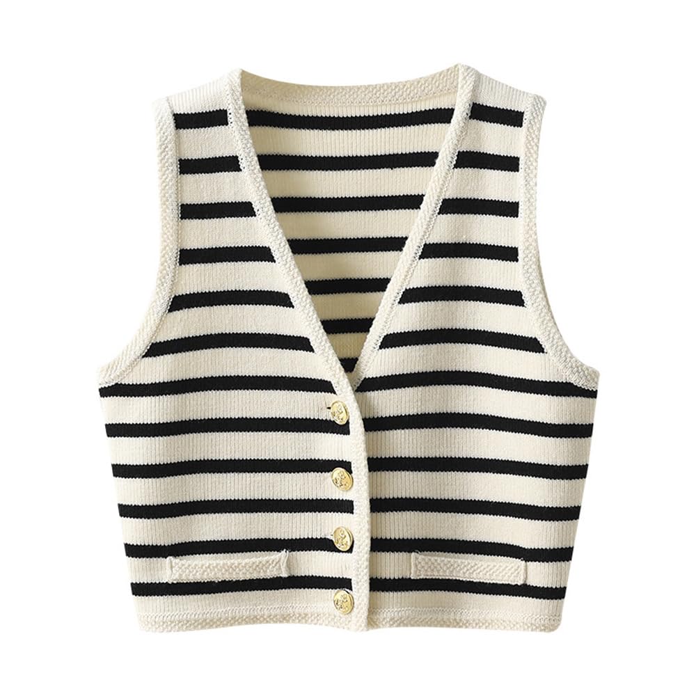 Women's Old Money Aesthetic Cropped Knit Sweater Vest - Striped V-Neck Tank Top for Women | Perfect for Layering, Office Wear & Vintage Fashion Outfits